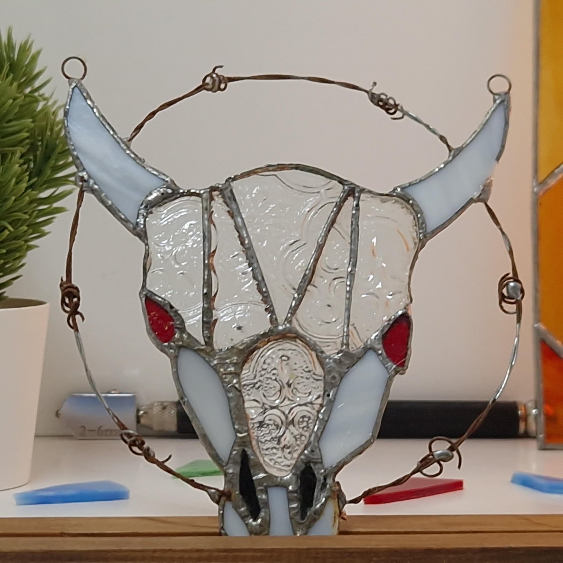 Handcrafted Stained Glass Bull Skull Suncatcher | Western-Inspired Gothic Decor | Garden of Glass