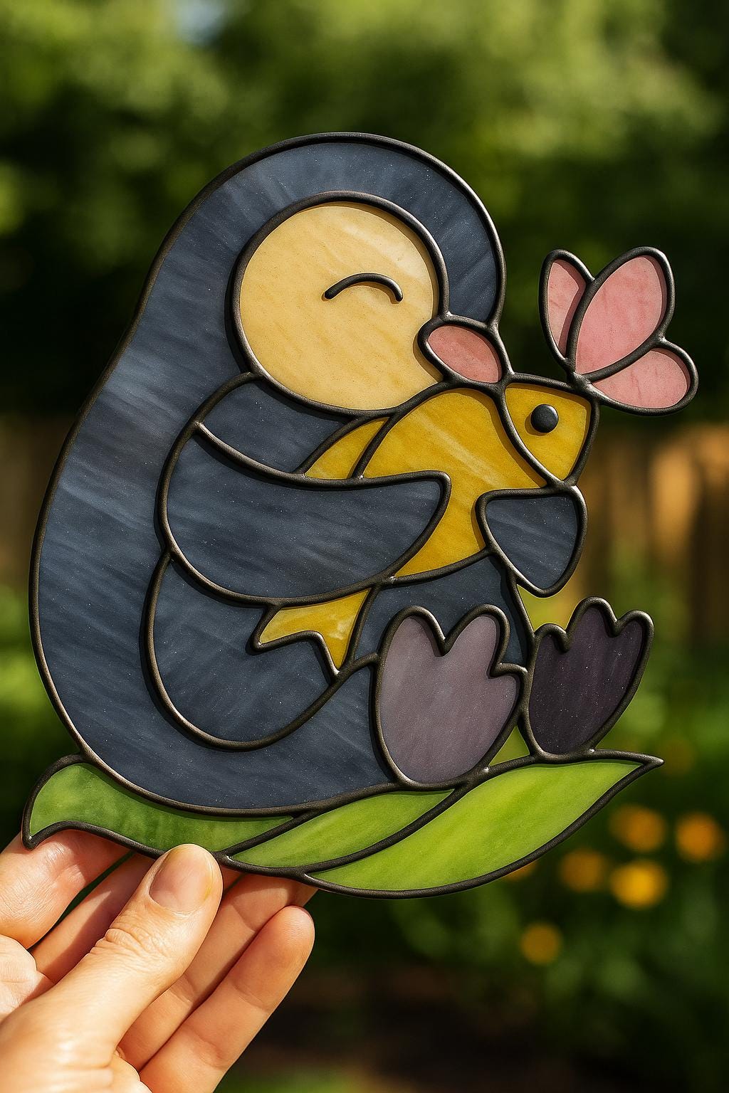 Penguin with Fish Stained Glass Pattern – Cute Hugging Animal Suncatcher PDF Digital Download
