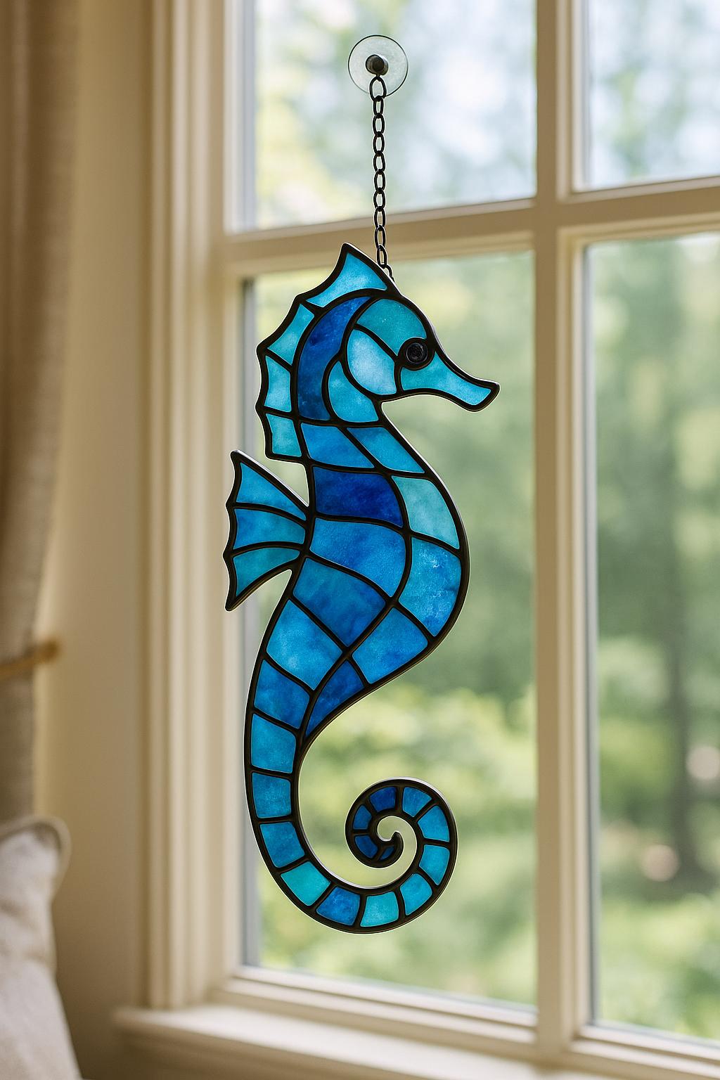 Seahorse Stained Glass Pattern – Ocean-Inspired Suncatcher PDF Template