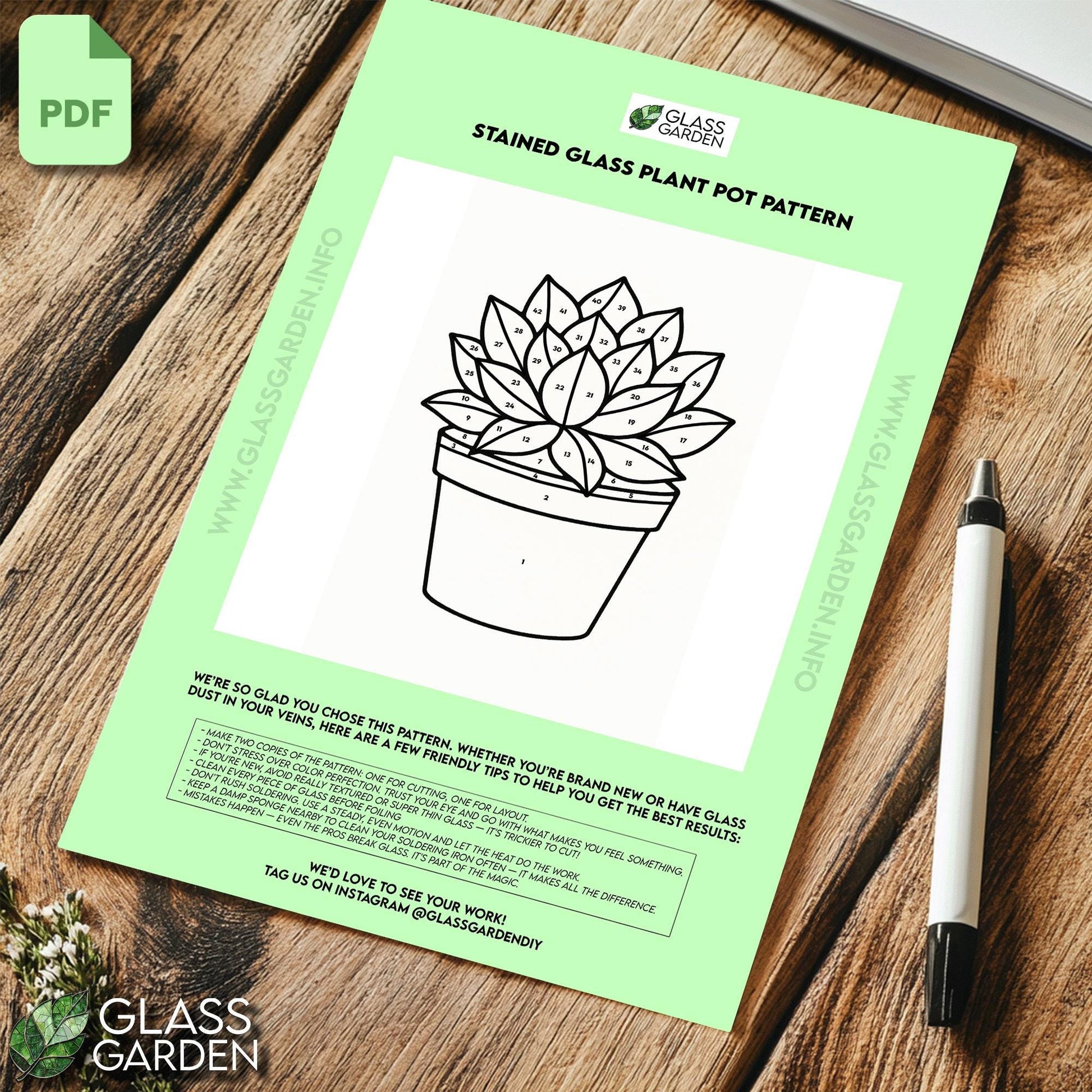 Succulent Plant Stained Glass Pattern PDF – Potted Greenhouse Panel Design | Digital Download for DIY Suncatcher