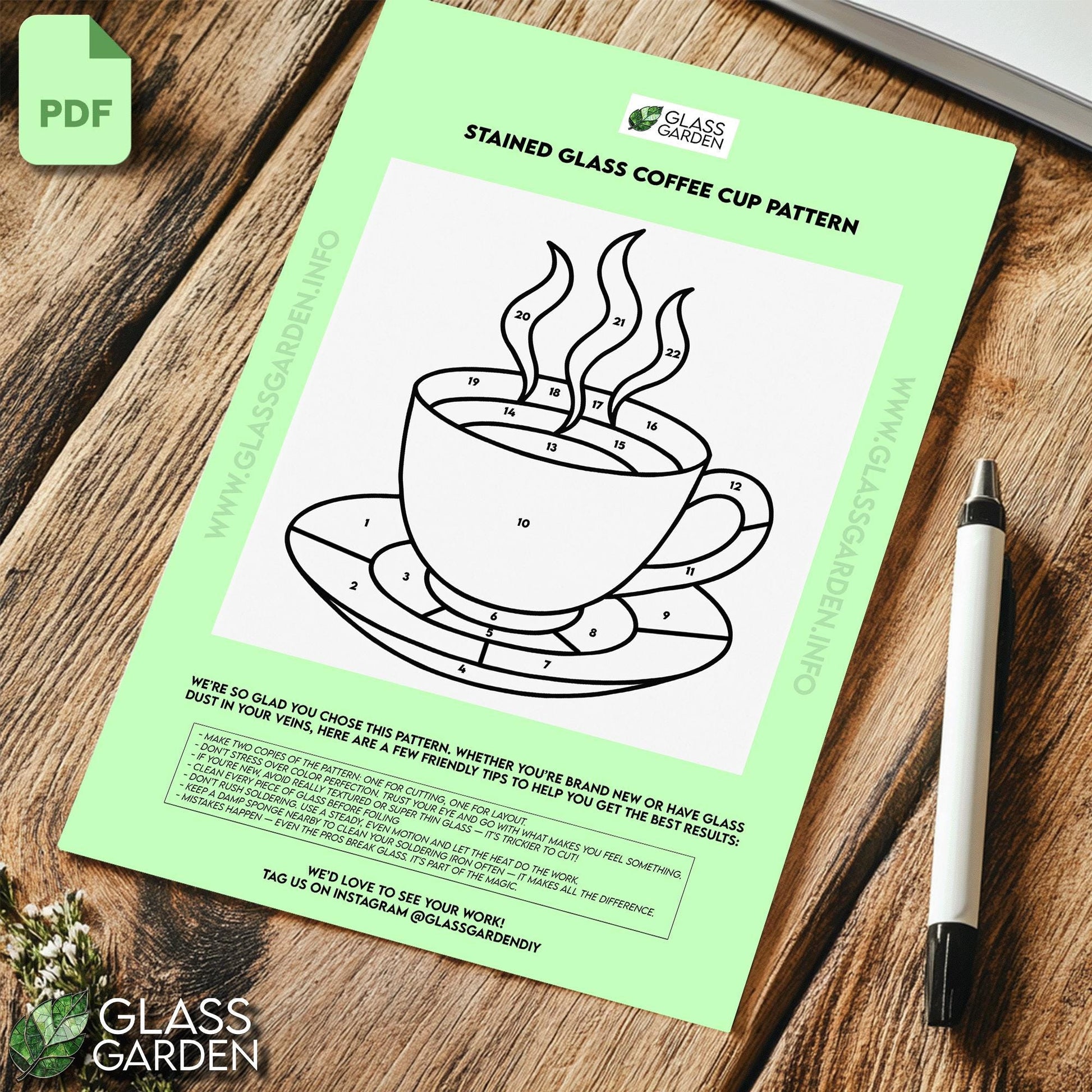 Coffee Cup Stained Glass Pattern PDF – Steaming Mug Panel Template | Digital Download for DIY Kitchen Suncatcher
