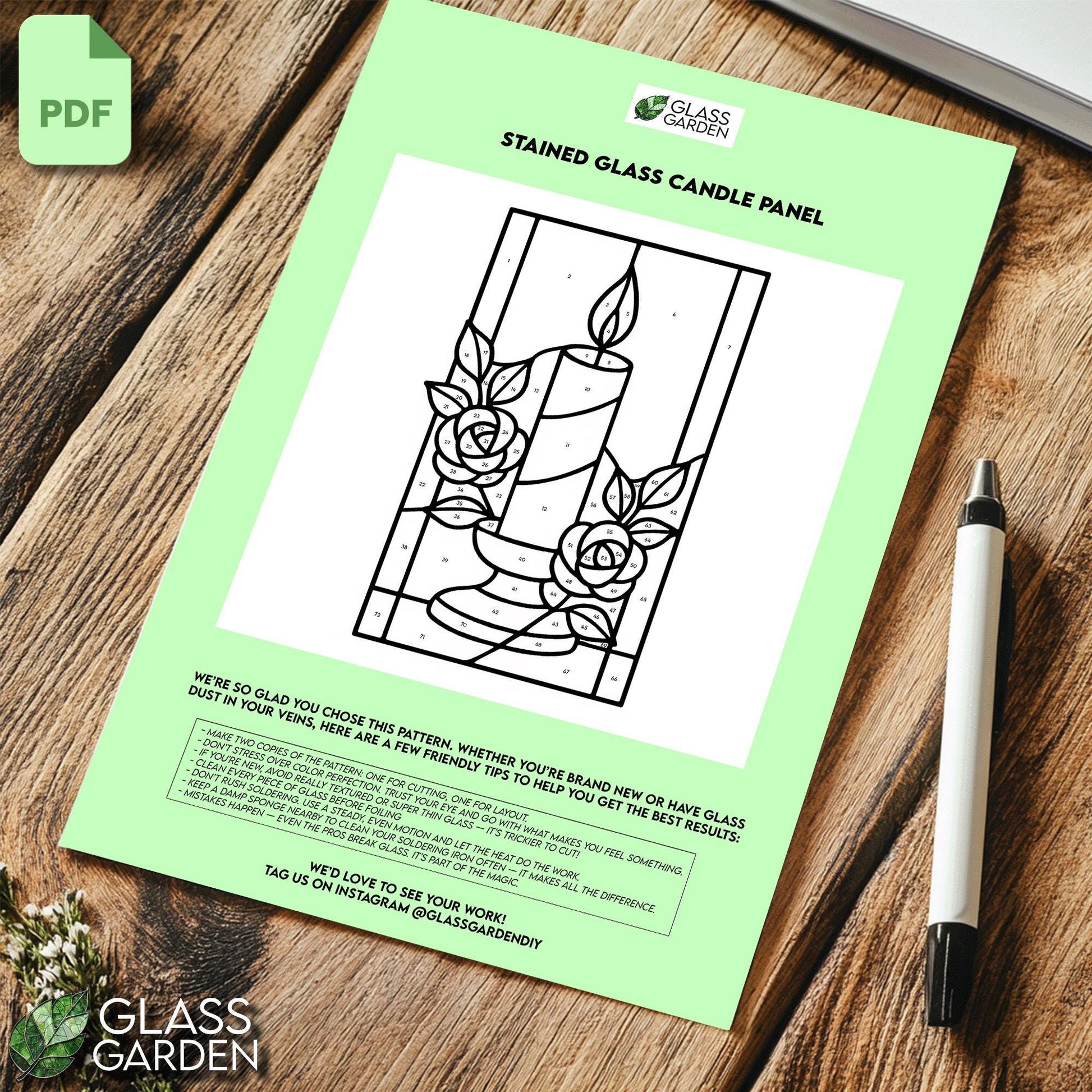 Candle with Roses – Stained Glass Pattern (Digital PDF Download)