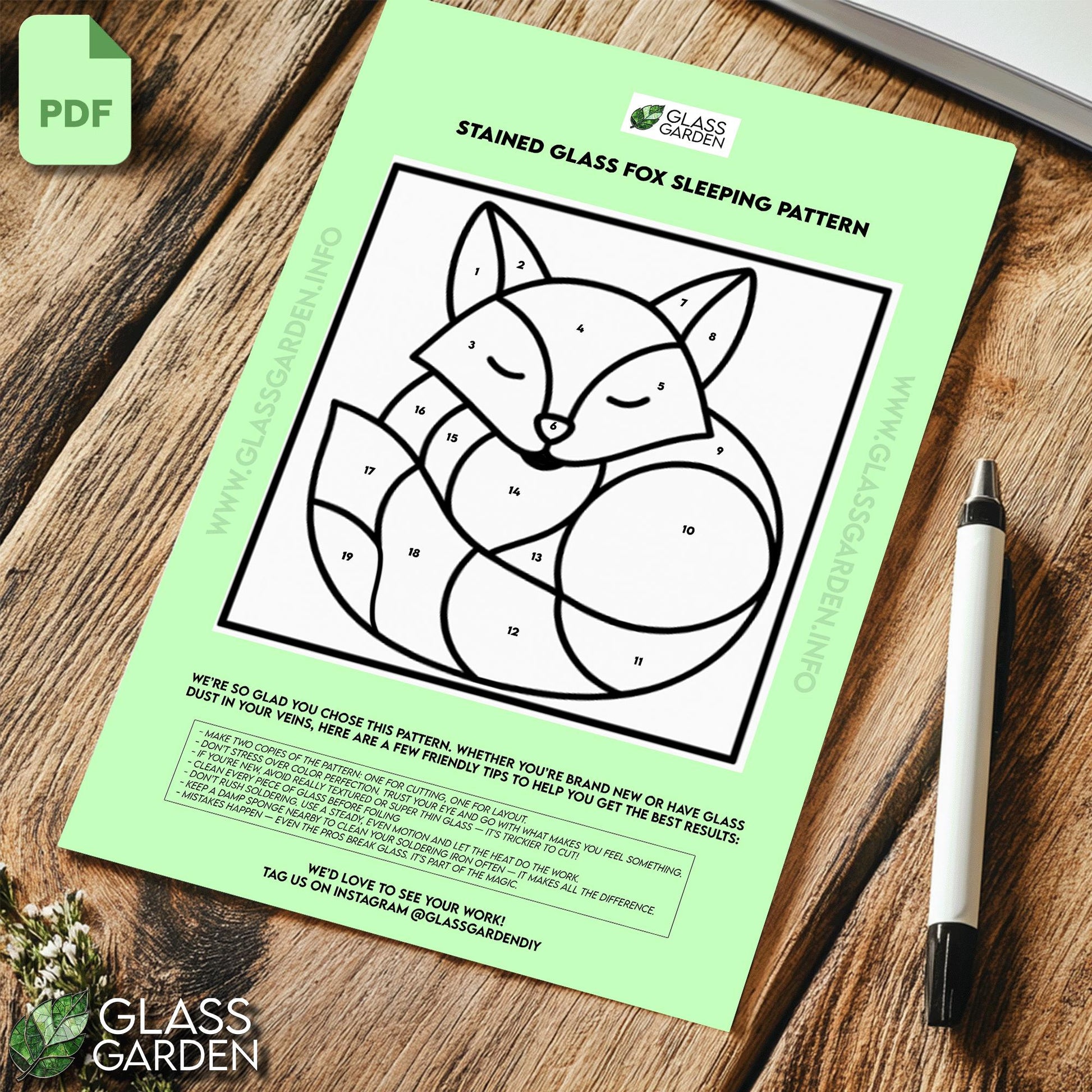 Sleeping Fox Stained Glass Pattern PDF – Cozy Woodland Animal Suncatcher | Digital Download for DIY Glass Art