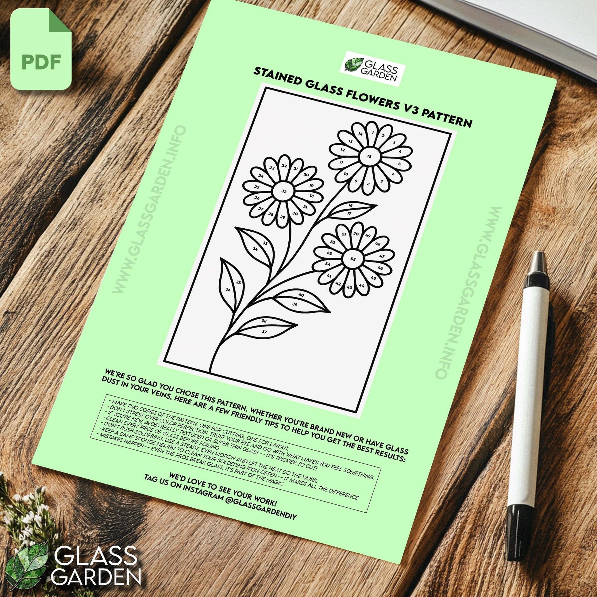 Daisy Trio Stained Glass Pattern PDF – Floral Window Panel Template | Digital Download for DIY Suncatcher Art