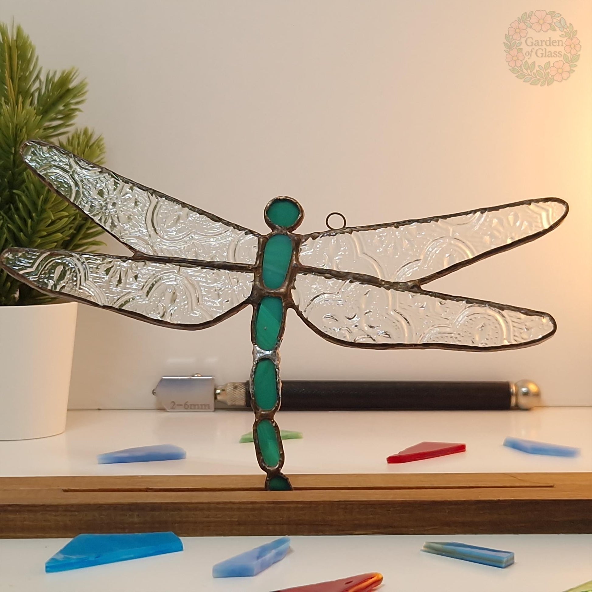 Handcrafted Stained Glass Dragonfly Suncatcher with Blue Accents | Garden of Glass | Nature-Inspired Window Decoration