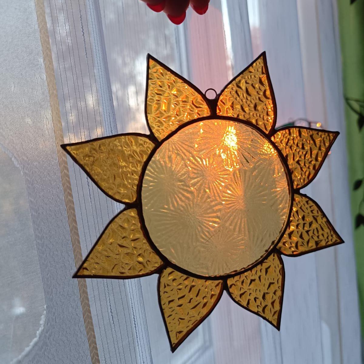 Stained Glass Sun Suncatcher – Handmade Yellow Glass Window Hanging, Sunlight Catcher, Unique Gift for Home or Her