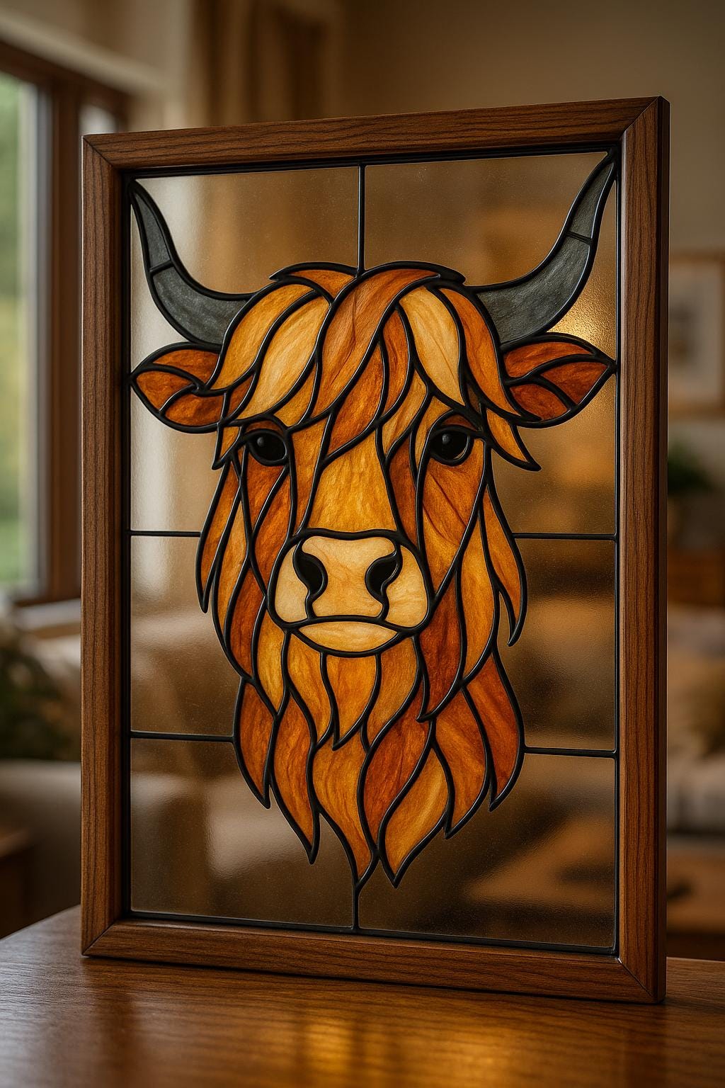 Highland Cow Stained Glass Pattern PDF – Rustic Farmhouse Panel Design | Digital Download for DIY Glass Art
