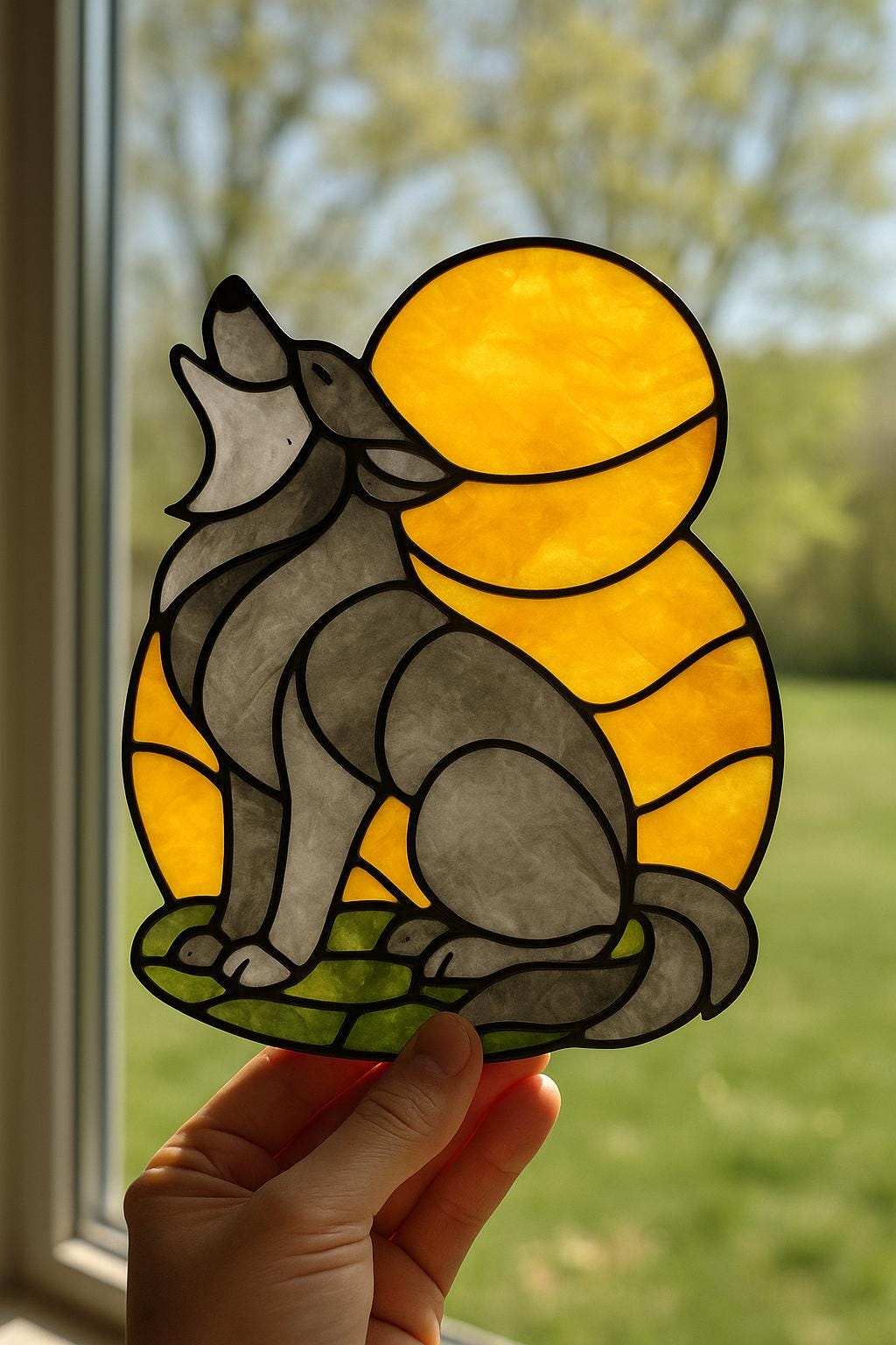 Howling Wolf Stained Glass Pattern – Sunset Animal Suncatcher DIY Template, PDF Digital Download for Glass Artists