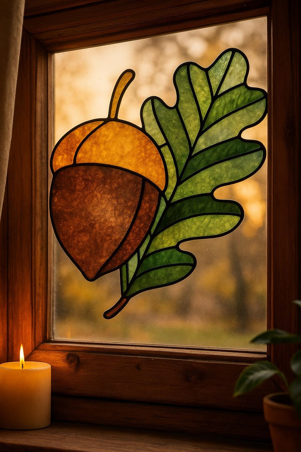 Acorn & Oak Leaf Stained Glass Pattern – Cozy Autumn Window Decor (Digital File)