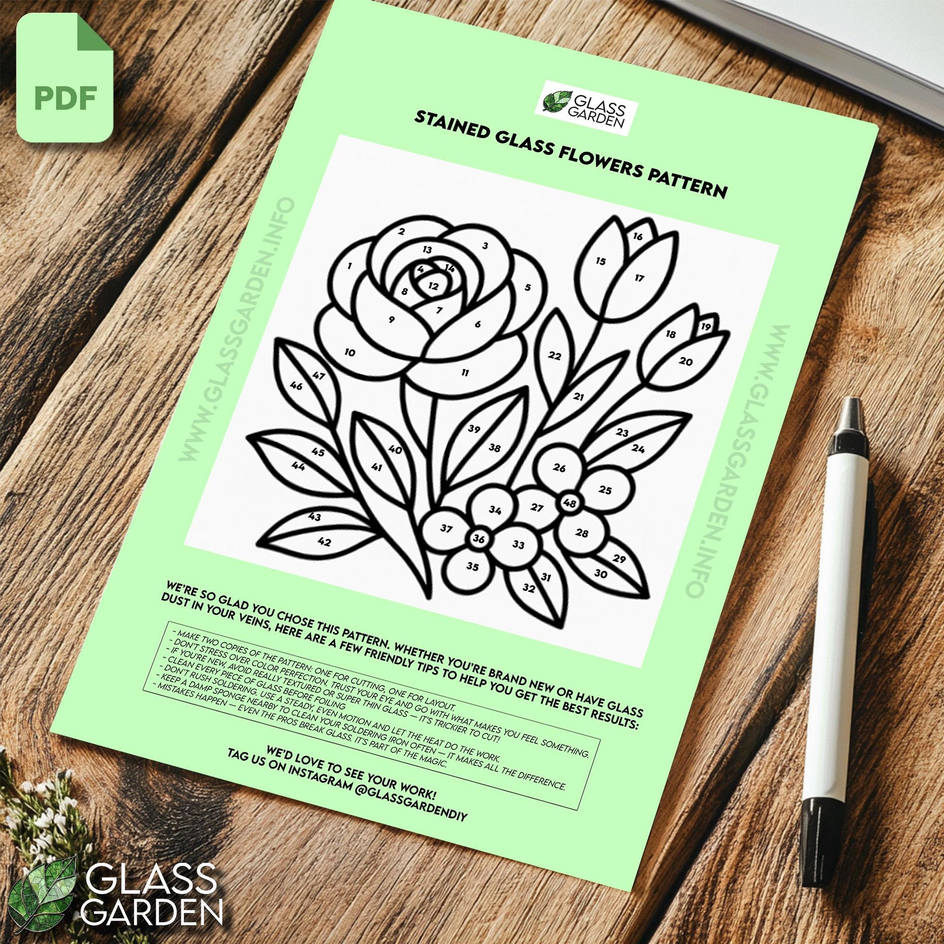 Flower Bouquet Stained Glass Pattern PDF – Mixed Spring Blooms Suncatcher Design | Digital Download for DIY Glass Art