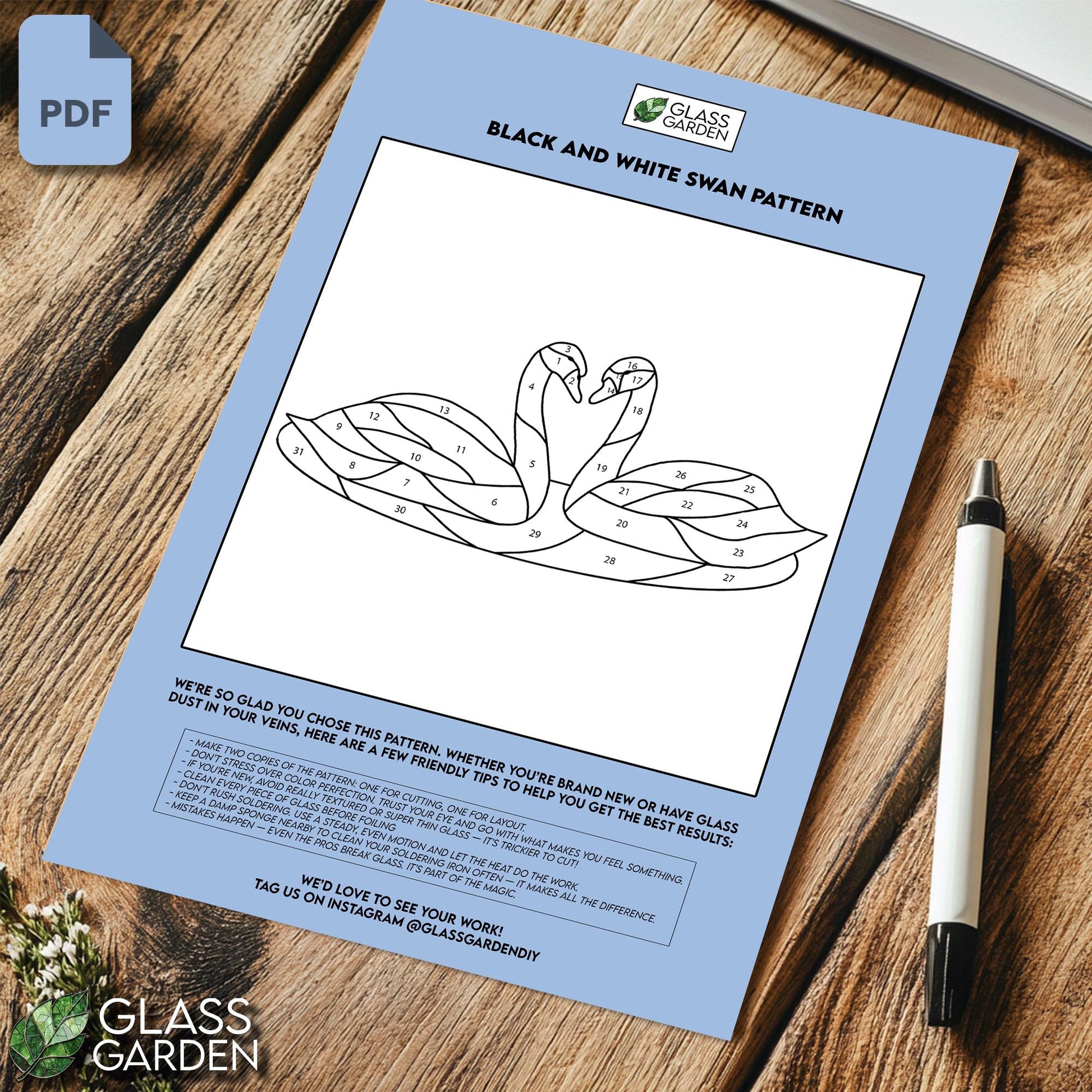 Black and White Swan Stained Glass Pattern PDF – Elegant Love Bird Window Panel Design, Heart-Shaped Swan Pair Template, Digital Download