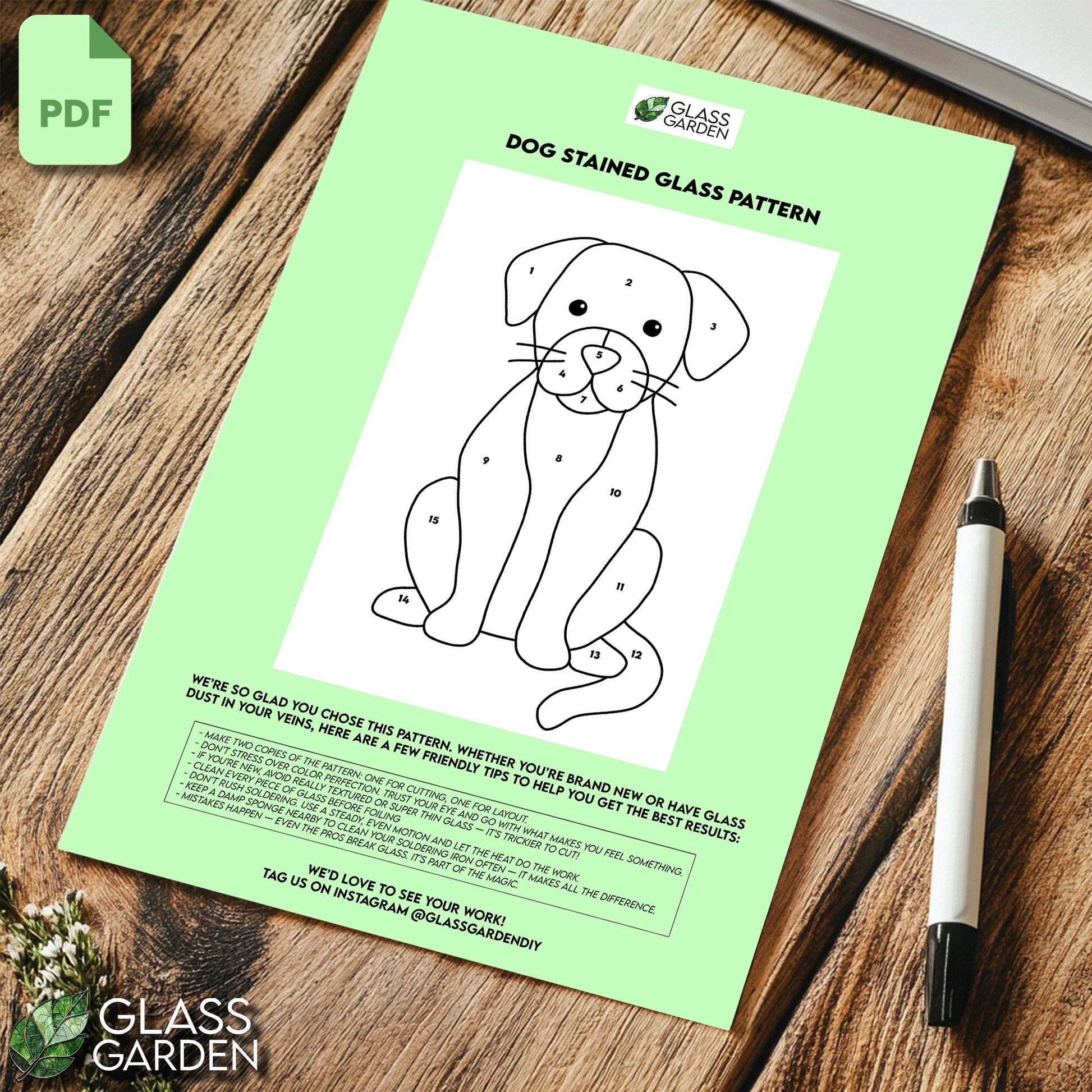 Dog Stained Glass Pattern PDF – Cute Pet Portrait Template | Printable Digital Download for DIY Glass Art