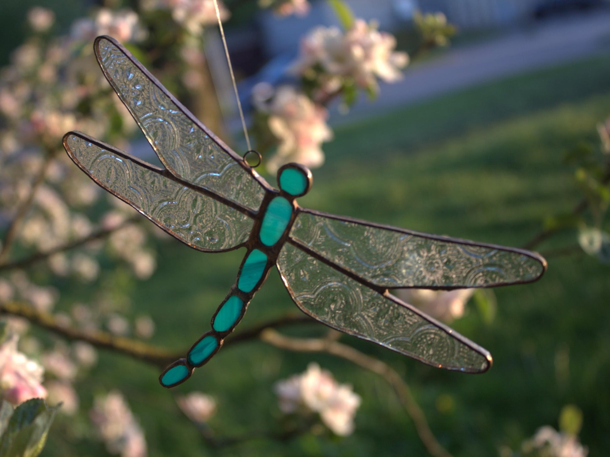 Handcrafted Stained Glass Dragonfly Suncatcher with Blue Accents | Garden of Glass | Nature-Inspired Window Decoration
