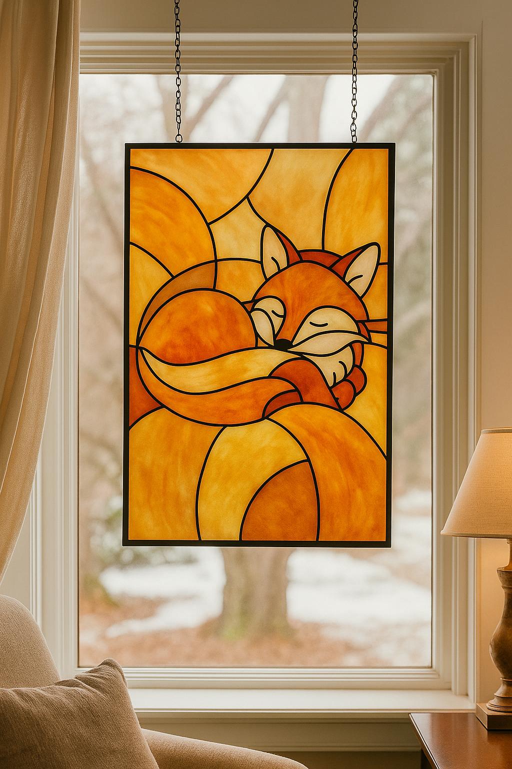 Sleeping Fox Stained Glass Pattern – Cozy Woodland PDF Template