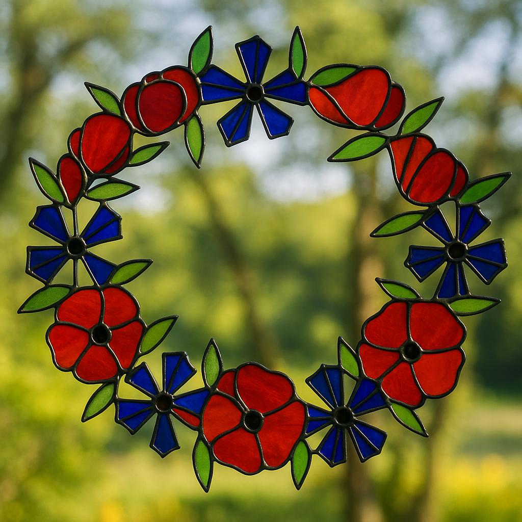 Red & Blue Windflower Wreath Stained Glass Pattern – Printable Floral Ring Design (PDF)