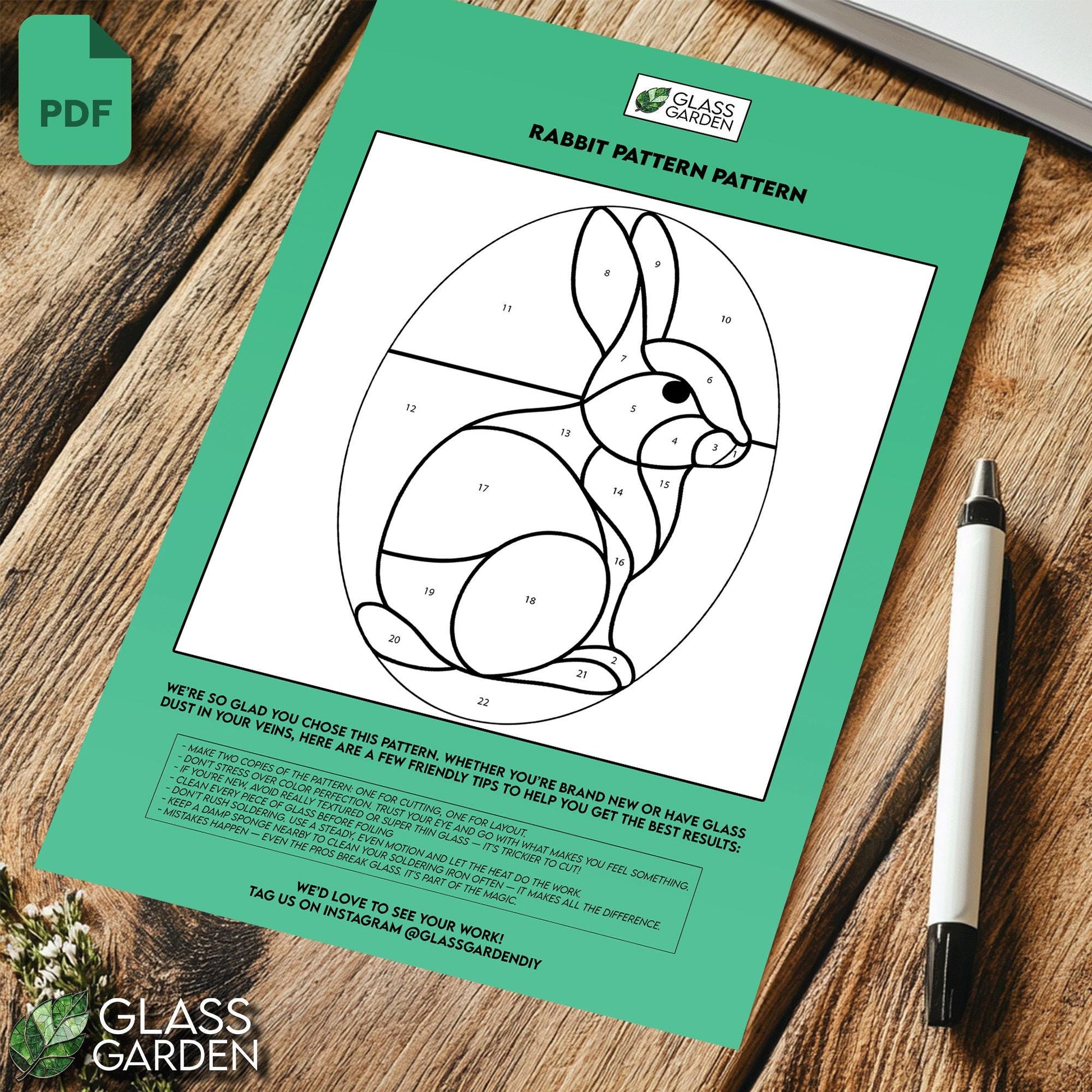 Bunny Rabbit Stained Glass Pattern PDF – Oval Sunset Window Panel Design, Minimalist Hare Suncatcher Template, Digital Download