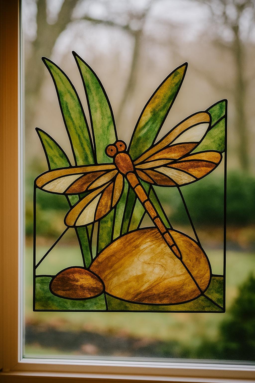 Dragonfly & River Stones Stained Glass Pattern – Peaceful Nature Scene (PDF Download)