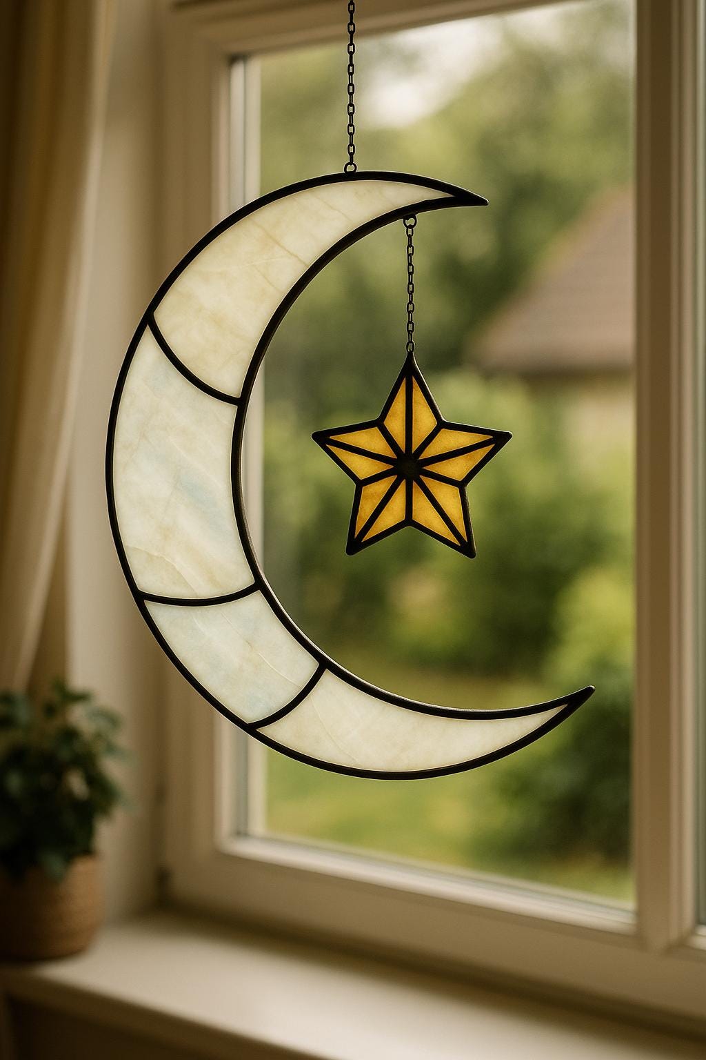 Moon and Star Stained Glass Pattern – Whimsical Celestial Window Art (Digital Download)