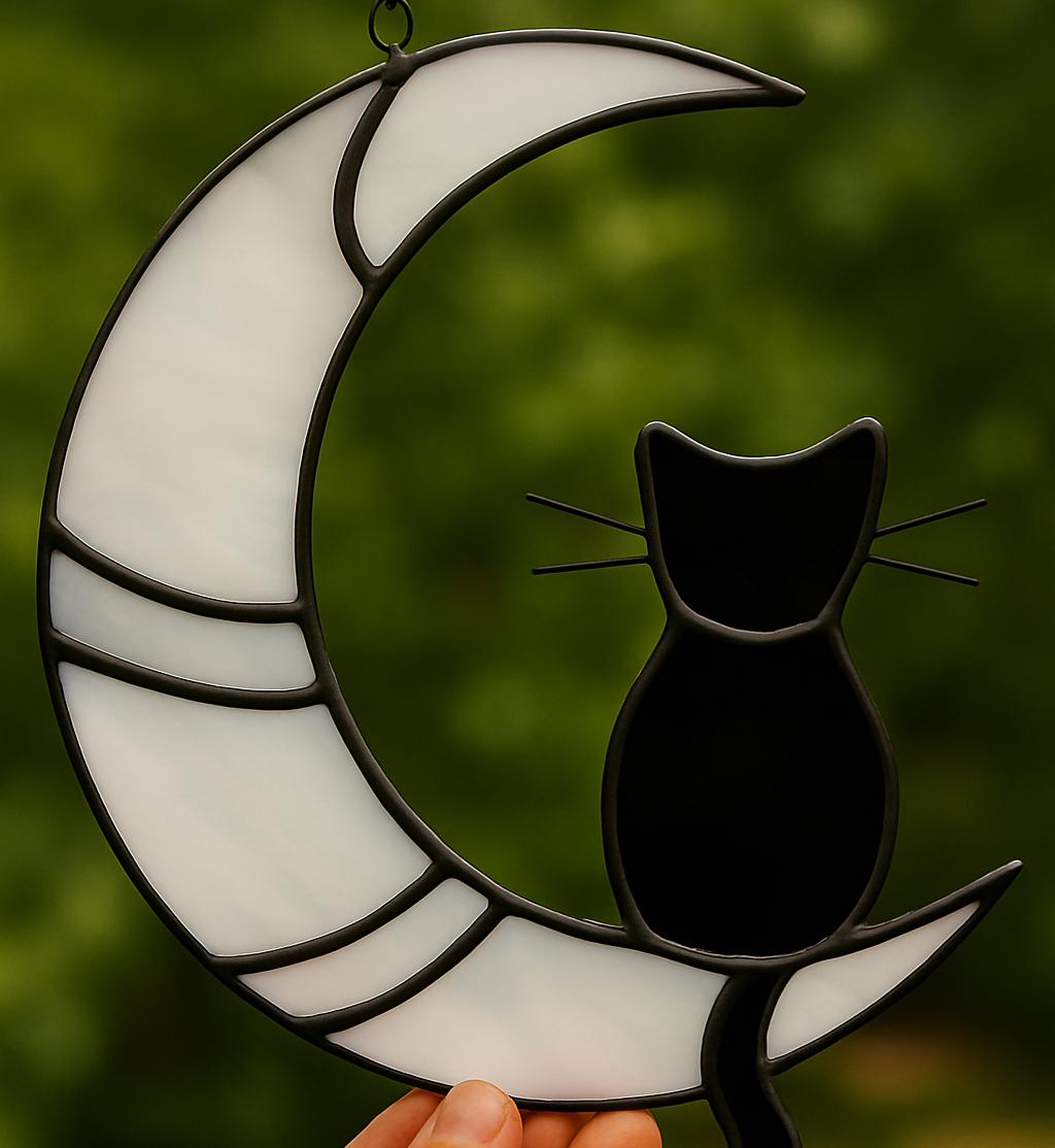 Cat on Moon Stained Glass Pattern PDF – Whimsical Night Panel Template | Digital Download for DIY Glass Art