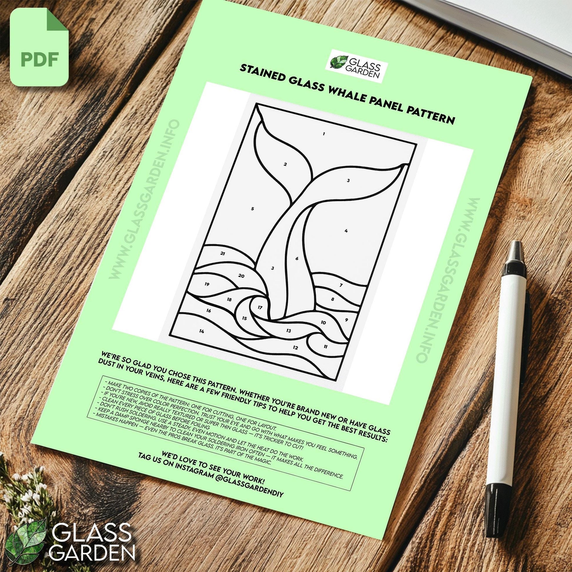 Whale Tail Stained Glass Pattern PDF – Ocean Wave Panel Design | Digital Download for Nautical DIY Glass Art