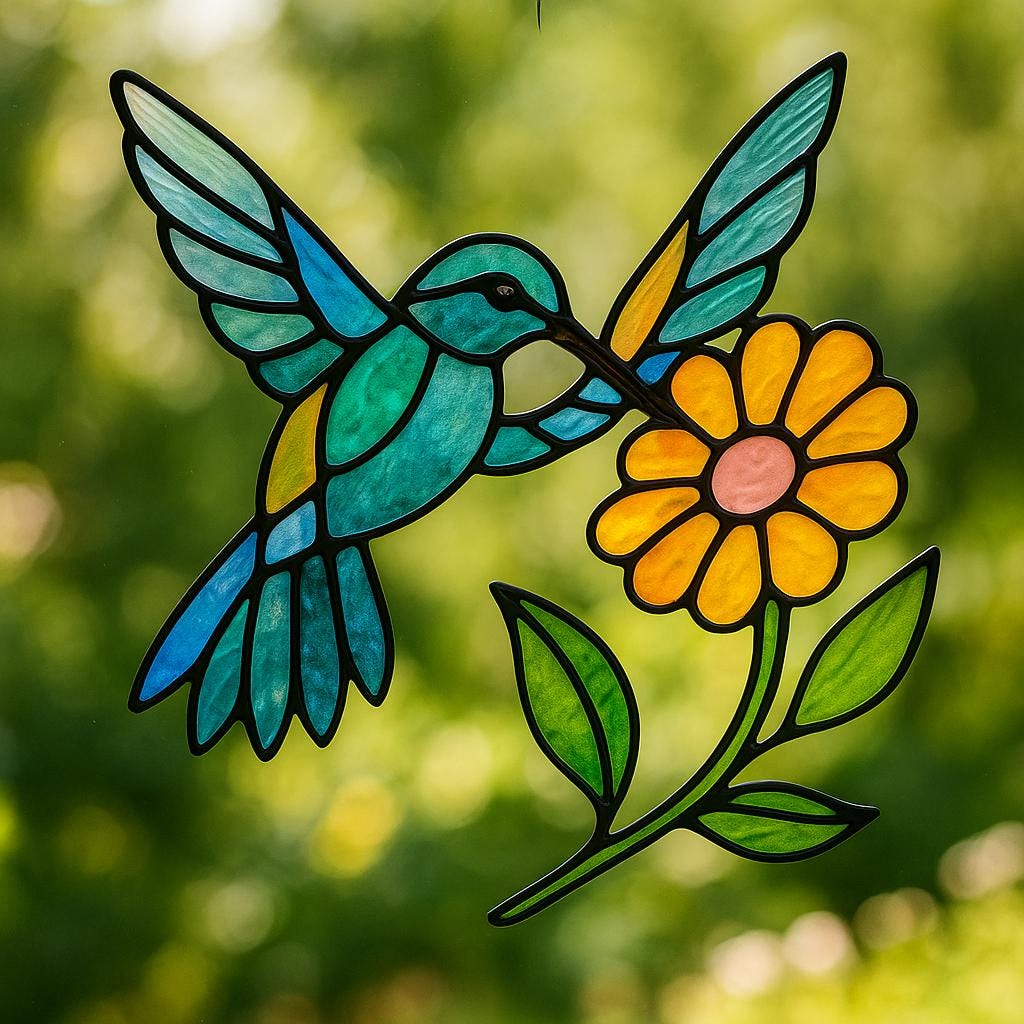 Hummingbird & Daisy Stained Glass Pattern PDF – Colorful Window Suncatcher Design | Digital Download Template