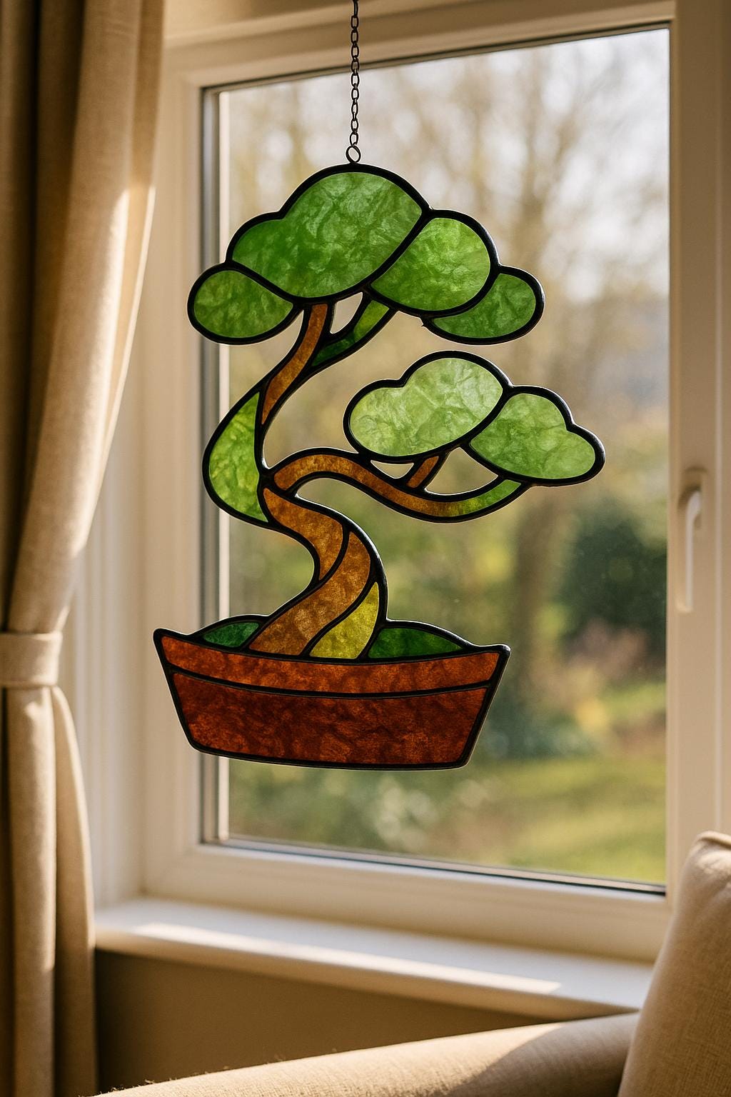 Bonsai Tree Stained Glass Pattern – Zen Nature Window Art (Digital Download)