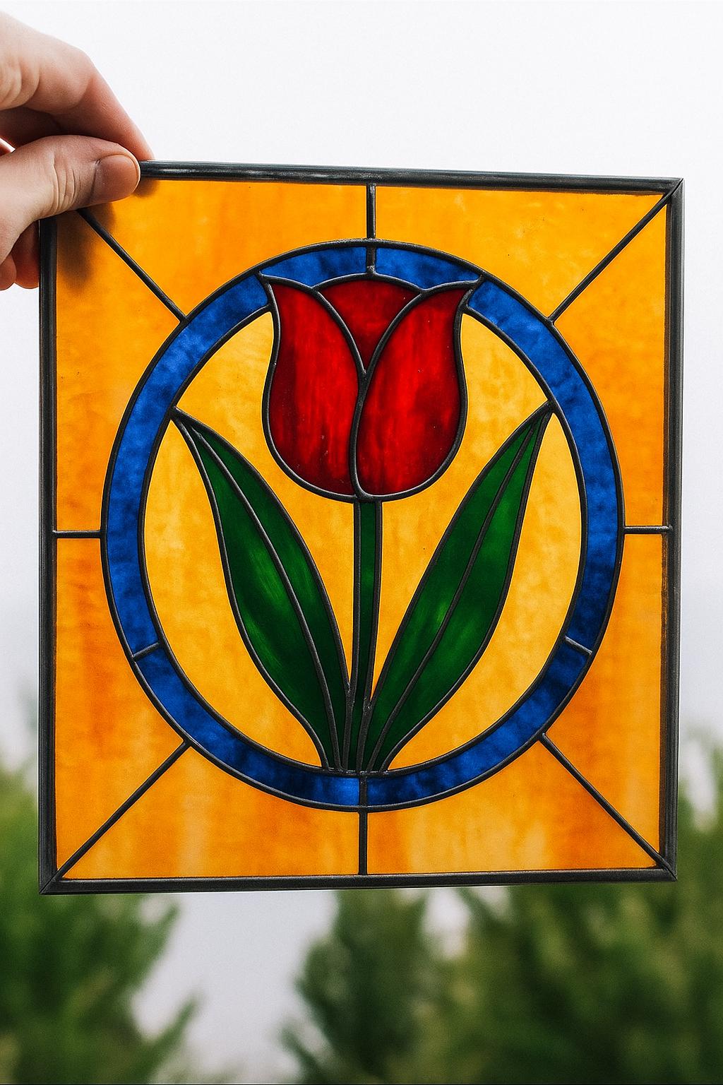 Tulip Stained Glass Pattern PDF – Floral Suncatcher Panel Template | Digital Download for DIY Glass Art