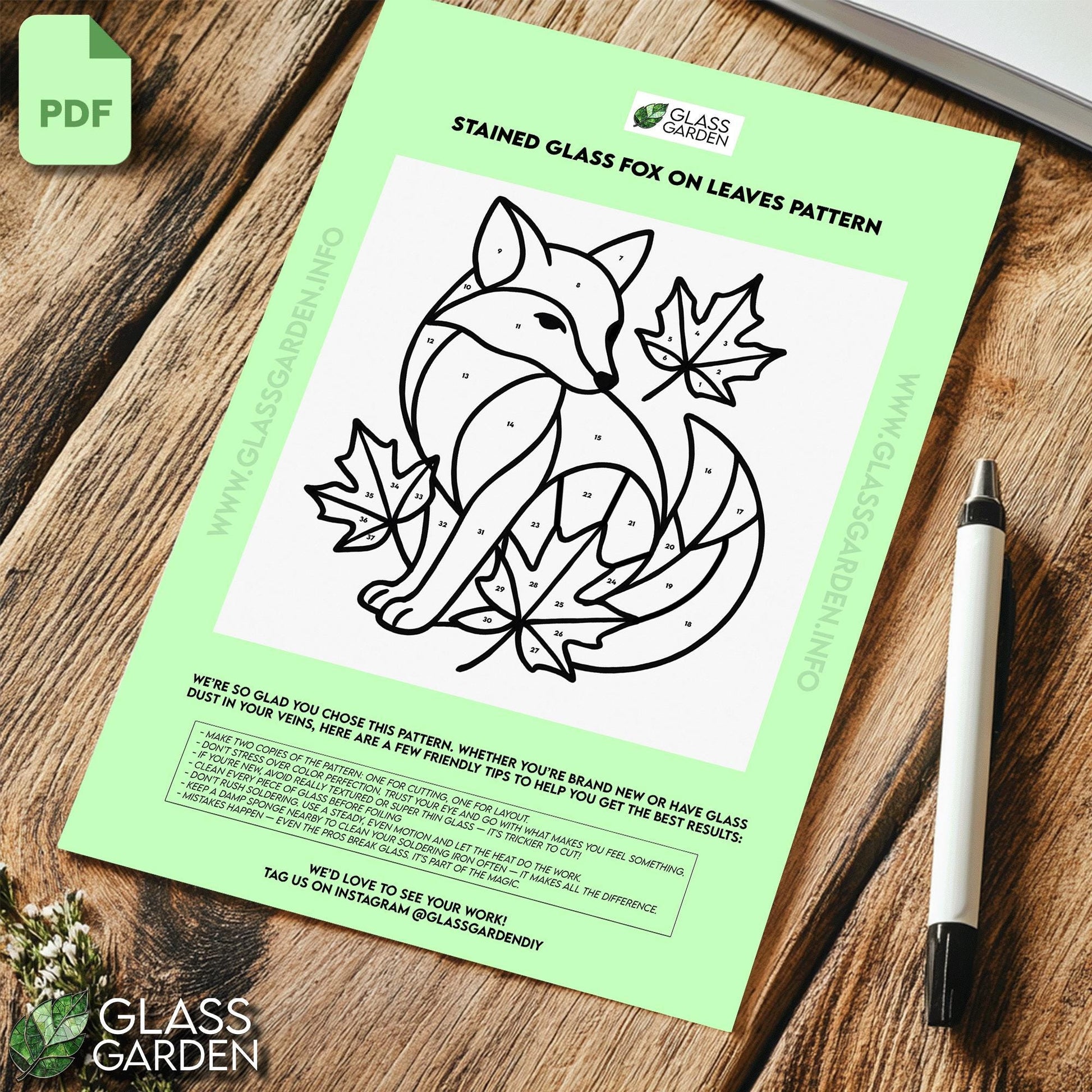 Fox and Maple Leaves Stained Glass Pattern PDF – Woodland Autumn Window Panel | Digital Download for DIY Glass Art