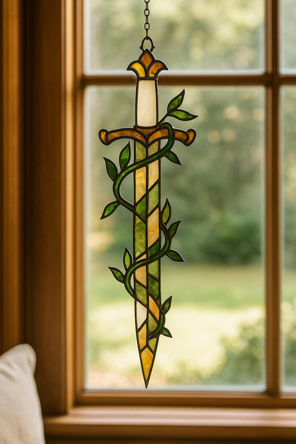 Sword and Vines Stained Glass Pattern – Fantasy PDF Template for Suncatchers