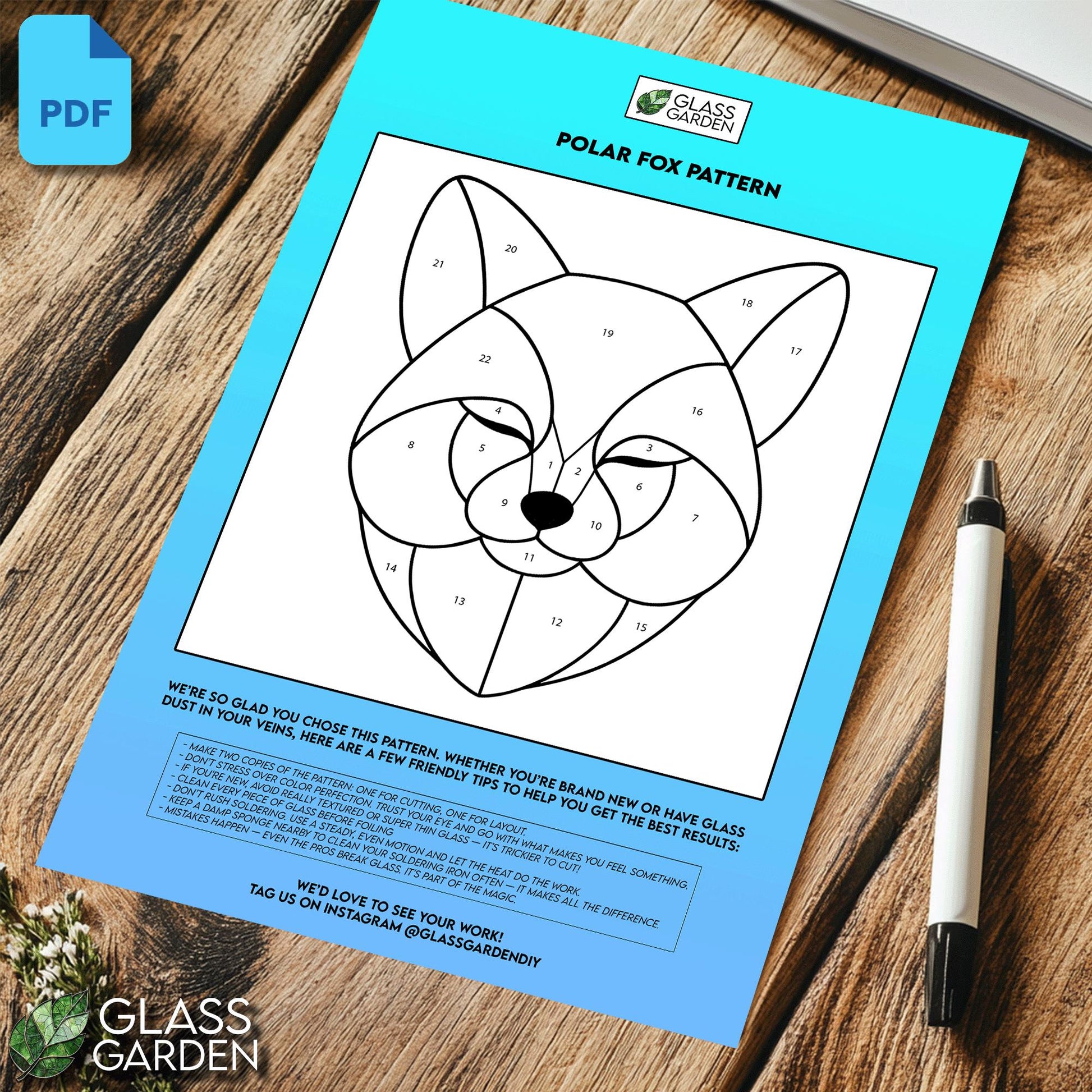 White Fox Stained Glass Pattern PDF – Arctic Fox Face Suncatcher Template, Minimalist Cute Animal Glass Art Design, Digital Download