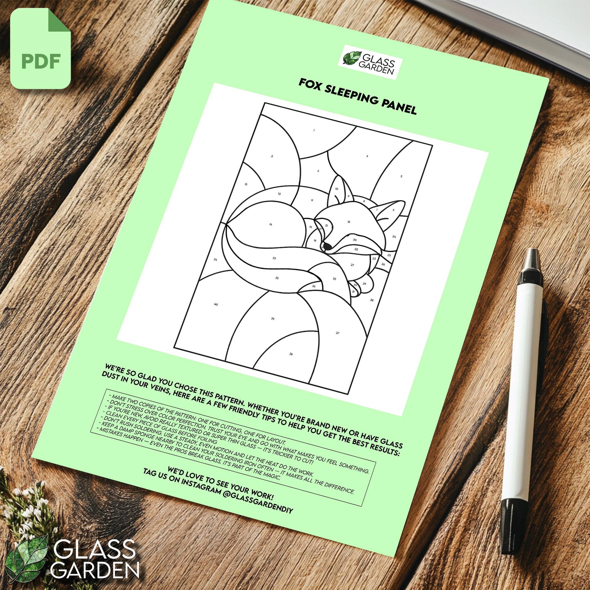 Sleeping Fox Stained Glass Pattern – Cozy Woodland PDF Template