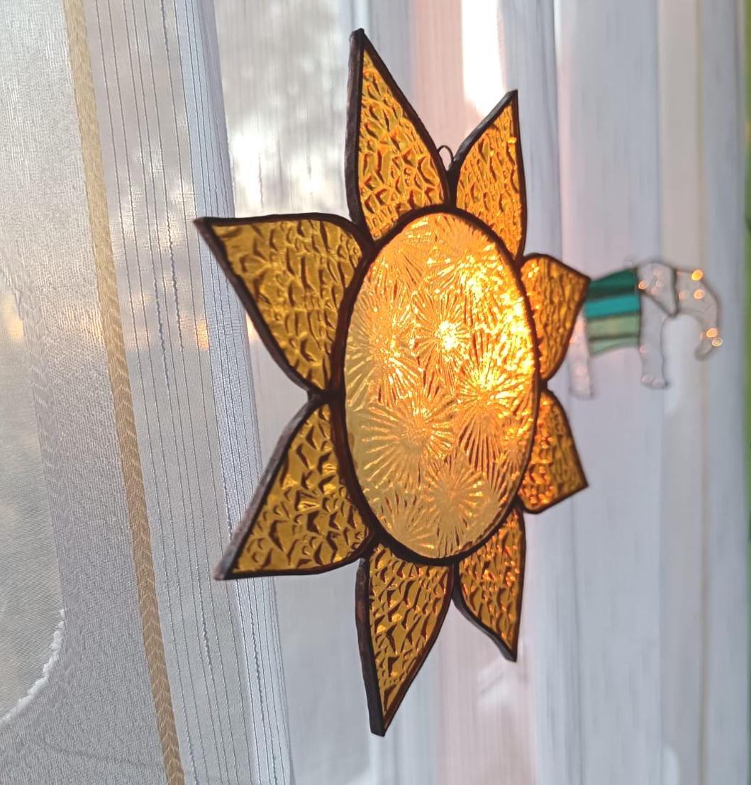Stained Glass Sun Suncatcher – Handmade Yellow Glass Window Hanging, Sunlight Catcher, Unique Gift for Home or Her