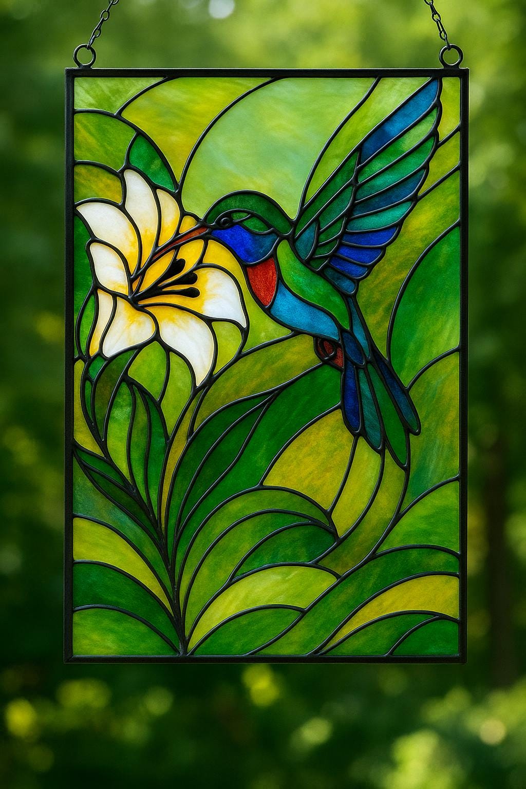 Hummingbird and Lily Stained Glass Pattern PDF – Elegant Floral Panel Design | Digital Download for Window Art