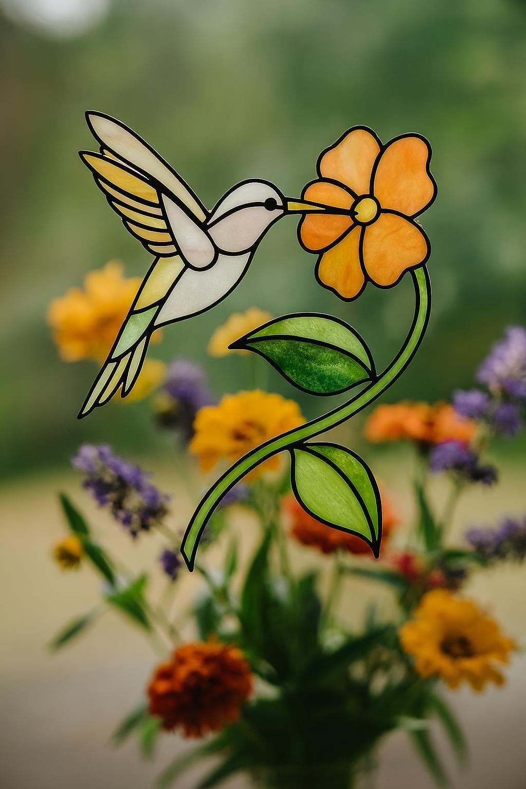 Hummingbird & Flower Stained Glass Pattern – Whimsical Garden Art (PDF Download)