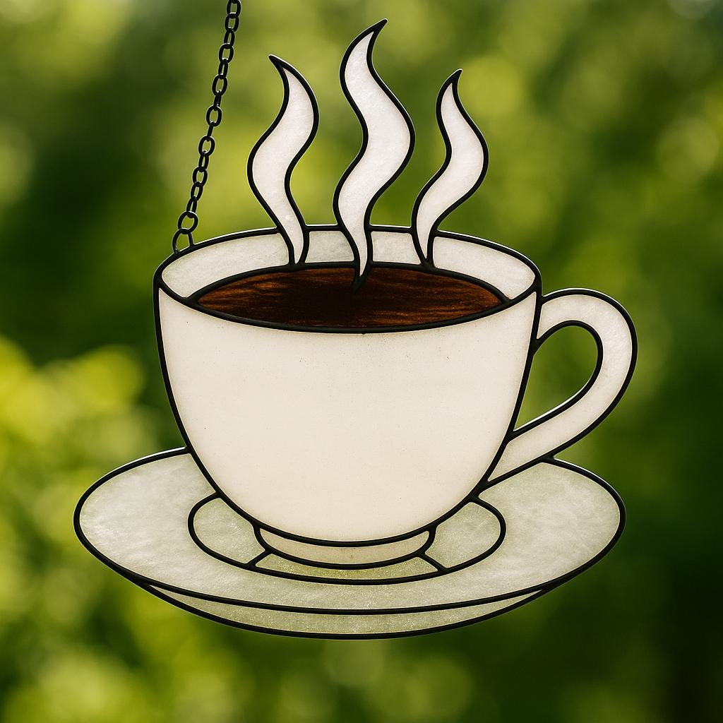 Coffee Cup Stained Glass Pattern PDF – Steaming Mug Panel Template | Digital Download for DIY Kitchen Suncatcher