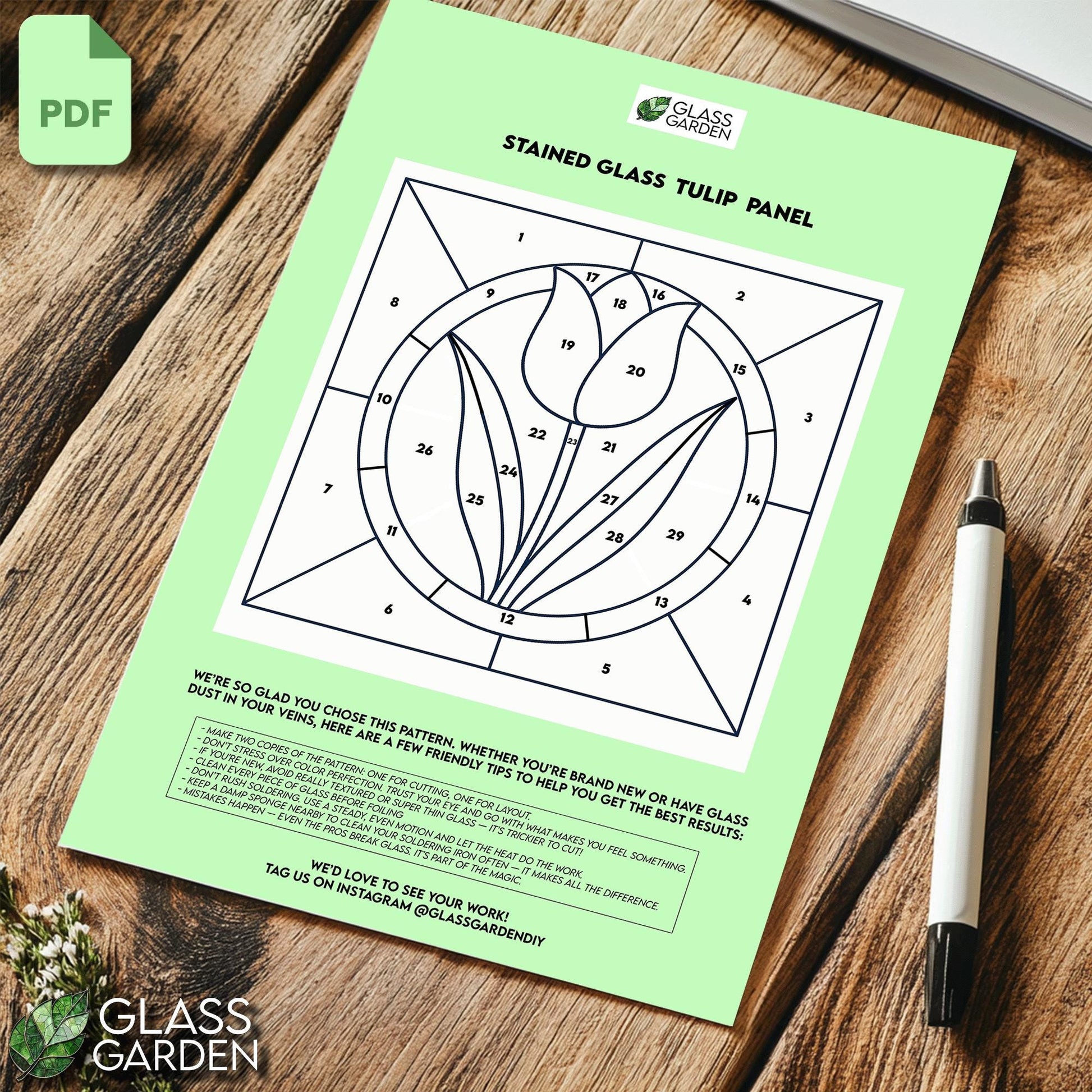 Tulip Stained Glass Pattern PDF – Floral Suncatcher Panel Template | Digital Download for DIY Glass Art