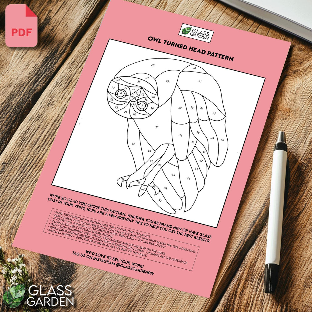 Turned Head Owl Stained Glass Pattern PDF – Unique Barn Owl Suncatcher Design, Elegant Bird Glass Art Template, Digital Download