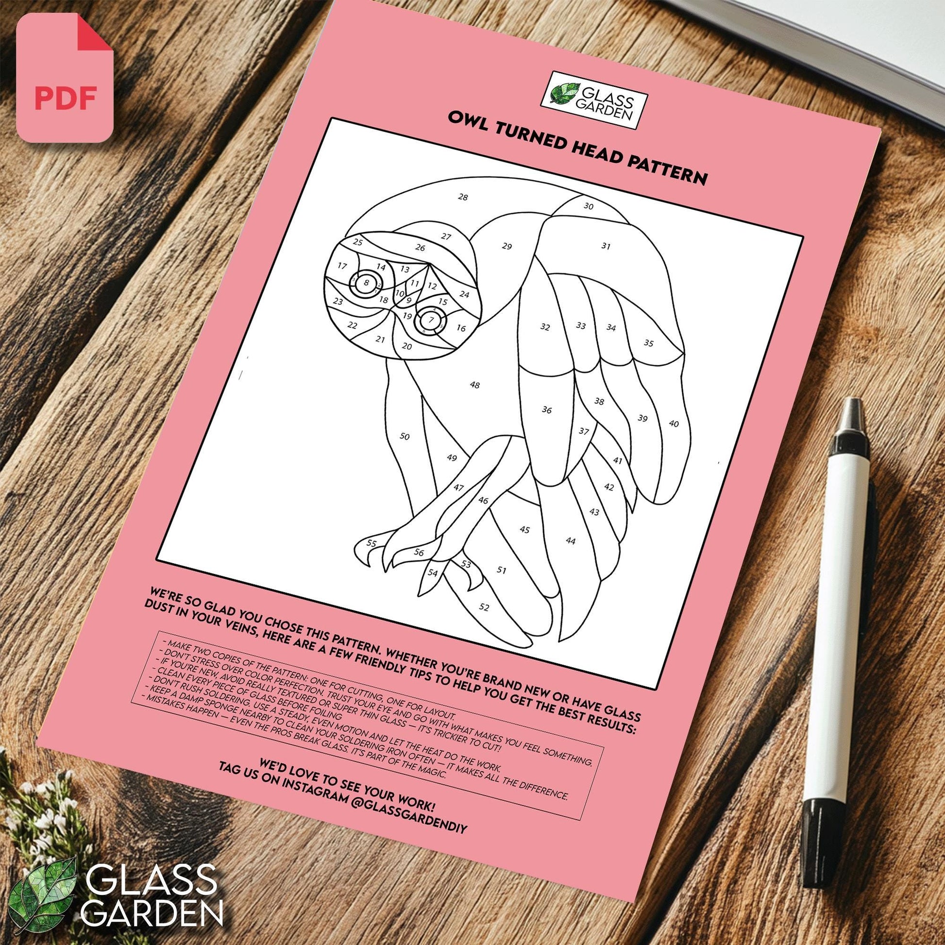 Turned Head Owl Stained Glass Pattern PDF – Unique Barn Owl Suncatcher Design, Elegant Bird Glass Art Template, Digital Download