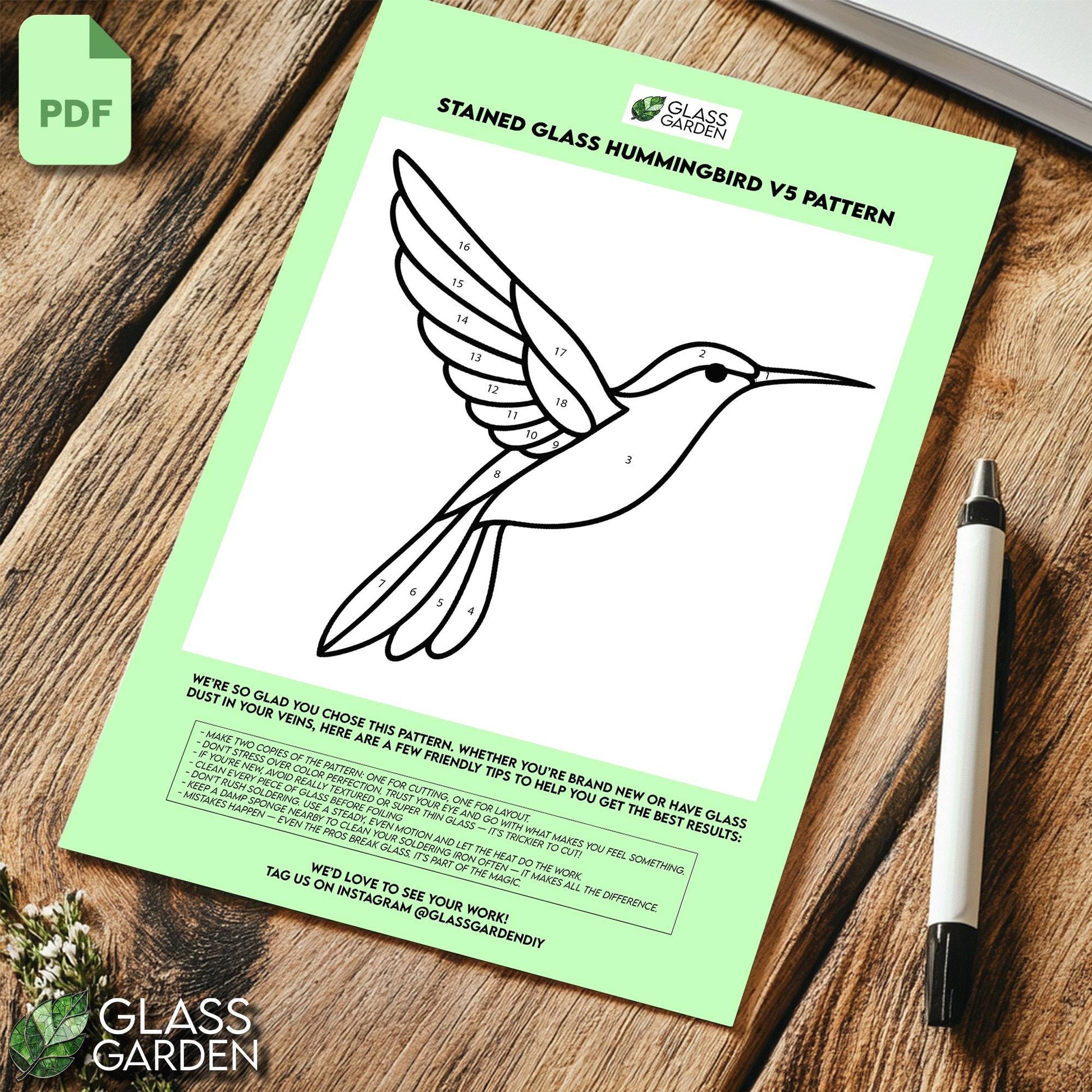 Hummingbird Stained Glass Pattern – Elegant Bird Suncatcher Template, Easy Digital PDF for Window Art or Gifts