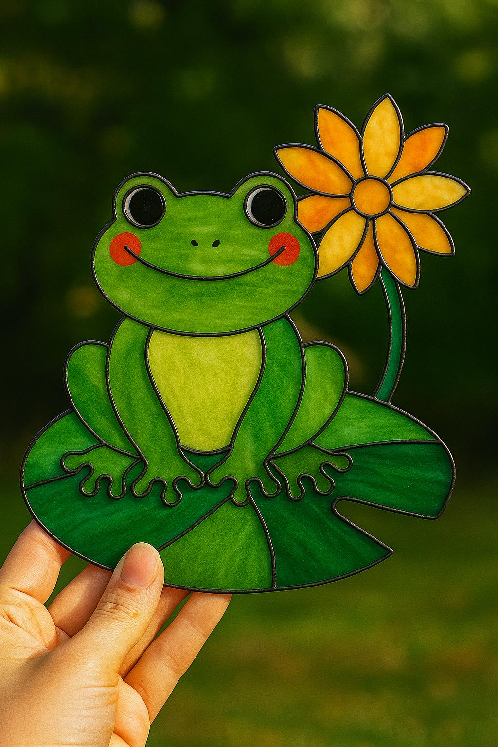 Smiling Frog Stained Glass Pattern - PDF Digital Download for Lily Pad & Flower Suncatcher