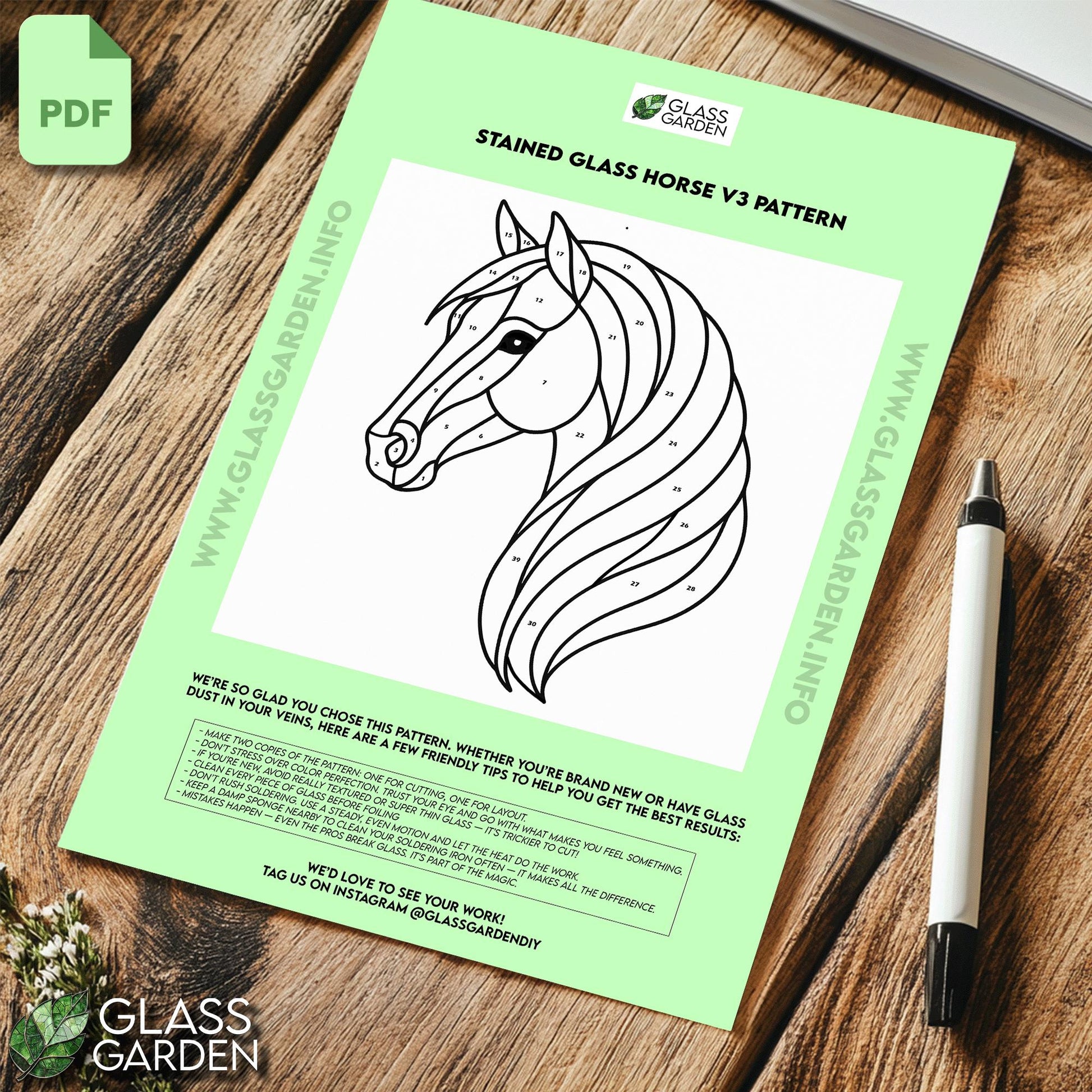 Horse Head Stained Glass Pattern – Elegant Mane Design for Equestrian Decor (PDF Digital Download)