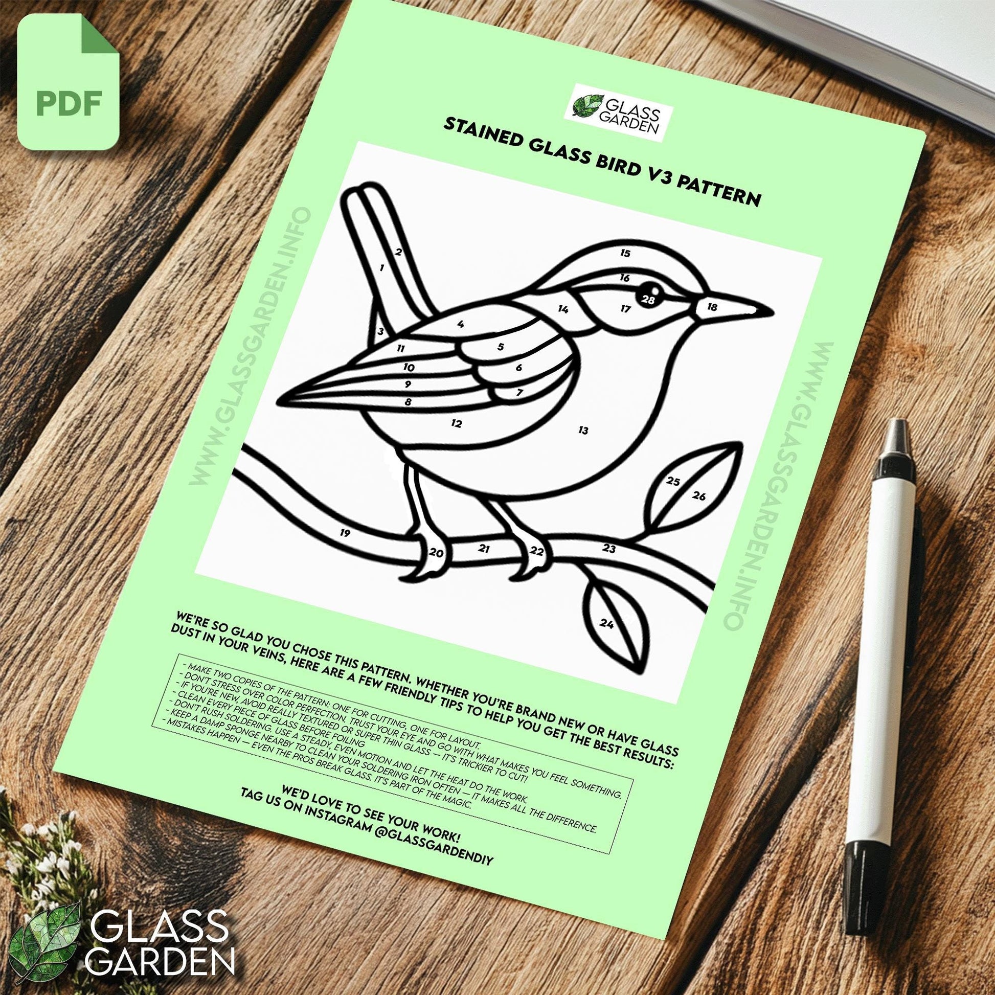 Songbird Stained Glass Pattern PDF – Perched Bird on Branch Template | Digital Download for DIY Window Art