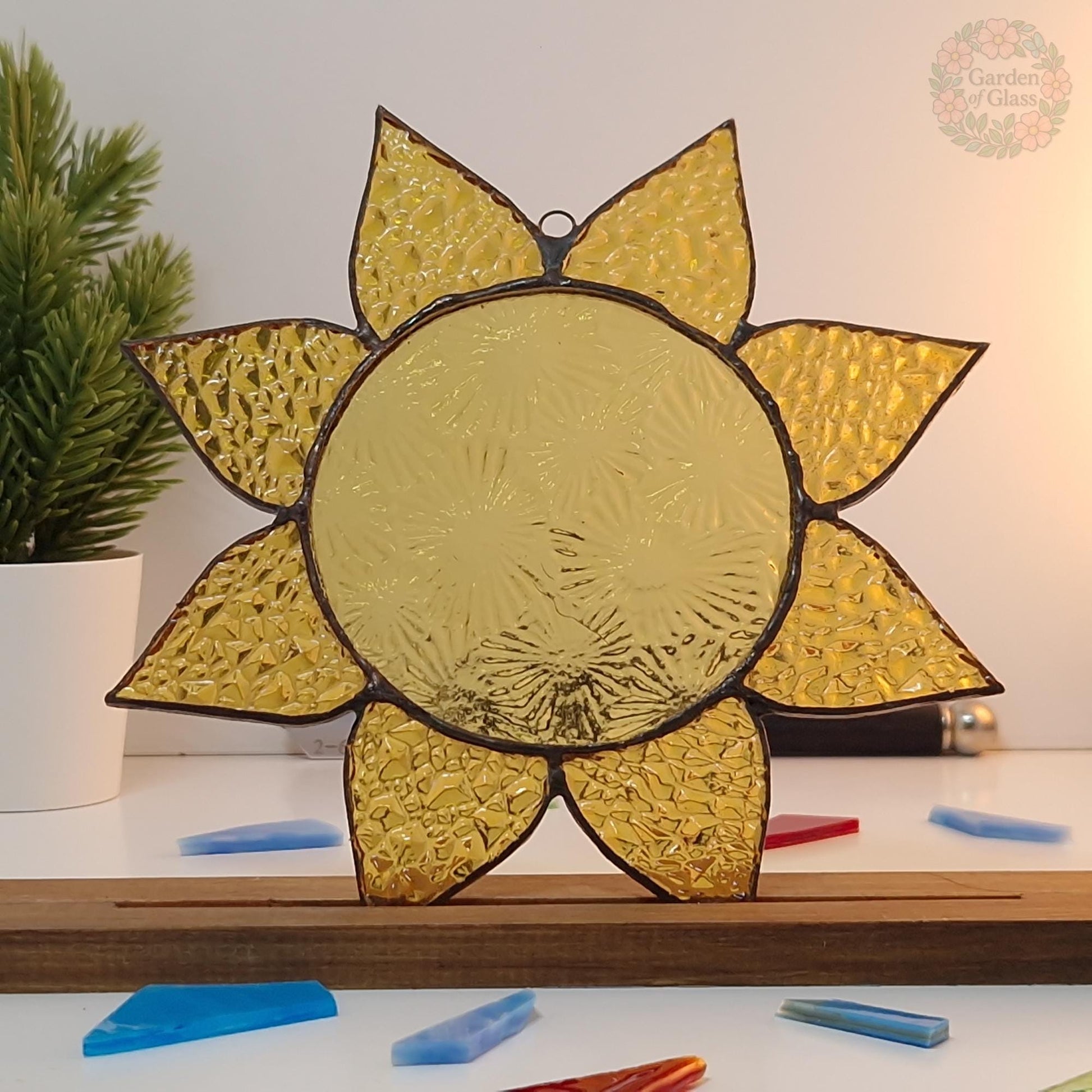 Stained Glass Sun Suncatcher – Handmade Yellow Glass Window Hanging, Sunlight Catcher, Unique Gift for Home or Her