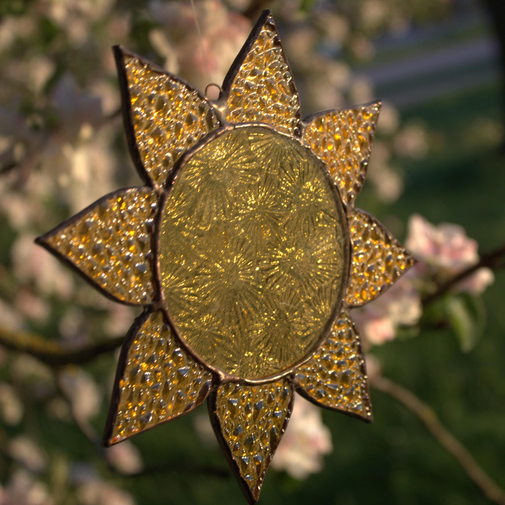 Stained Glass Sun Suncatcher – Handmade Yellow Glass Window Hanging, Sunlight Catcher, Unique Gift for Home or Her