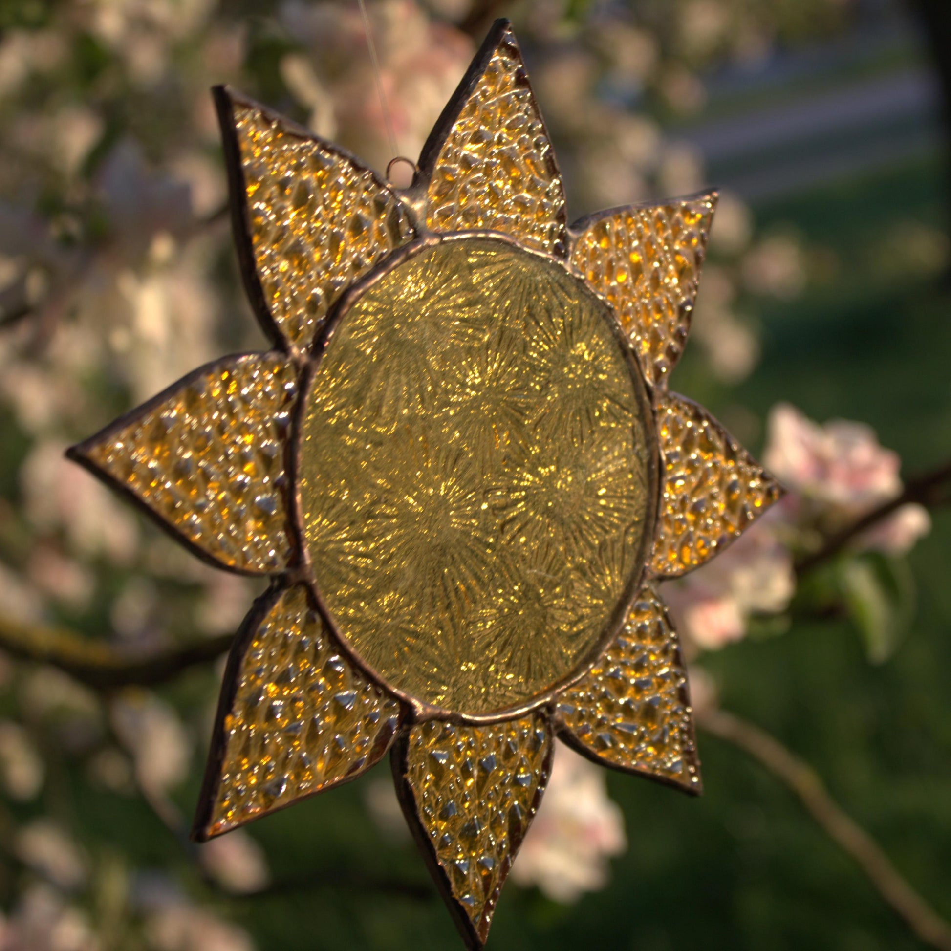 Stained Glass Sun Suncatcher – Handmade Yellow Glass Window Hanging, Sunlight Catcher, Unique Gift for Home or Her