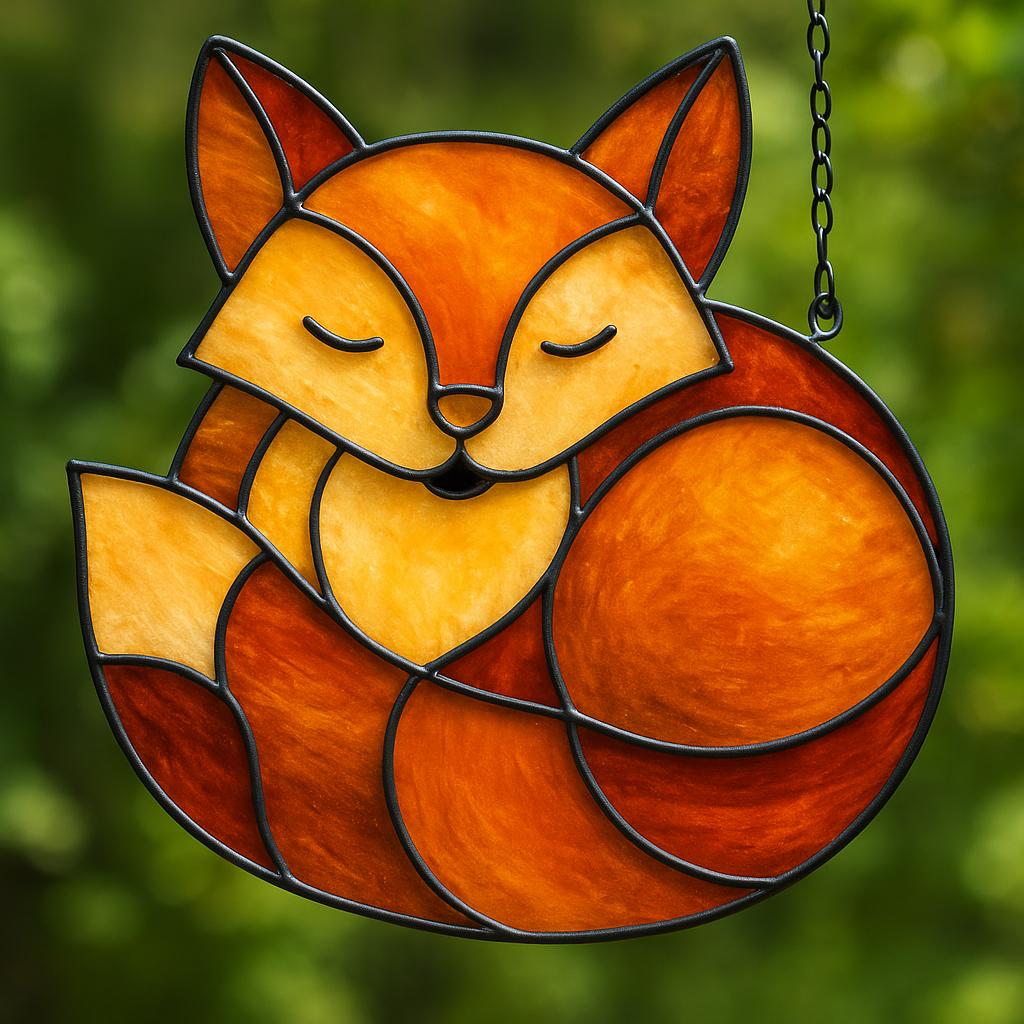 Sleeping Fox Stained Glass Pattern PDF – Cozy Woodland Animal Suncatcher | Digital Download for DIY Glass Art