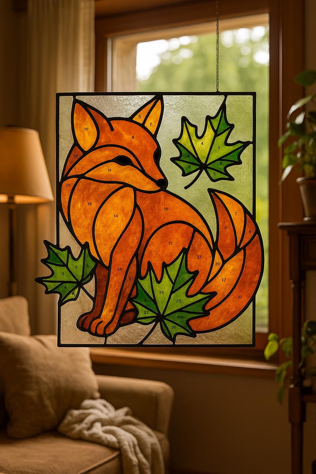 Fox and Maple Leaves Stained Glass Pattern PDF – Woodland Autumn Window Panel | Digital Download for DIY Glass Art