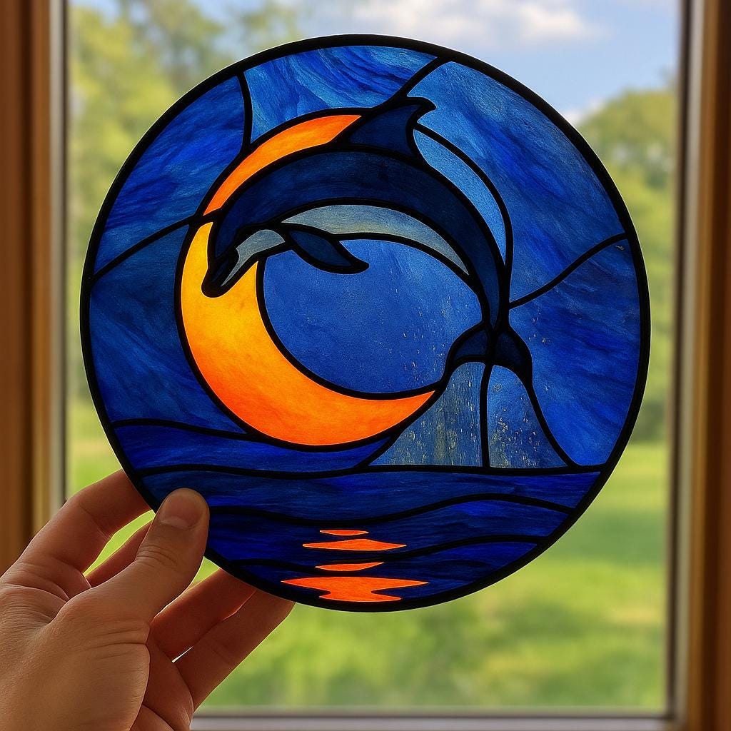 Dolphin and Crescent Moon Stained Glass Pattern PDF – Round Ocean Suncatcher Design, Jumping Dolphin Glass Art, Digital Download