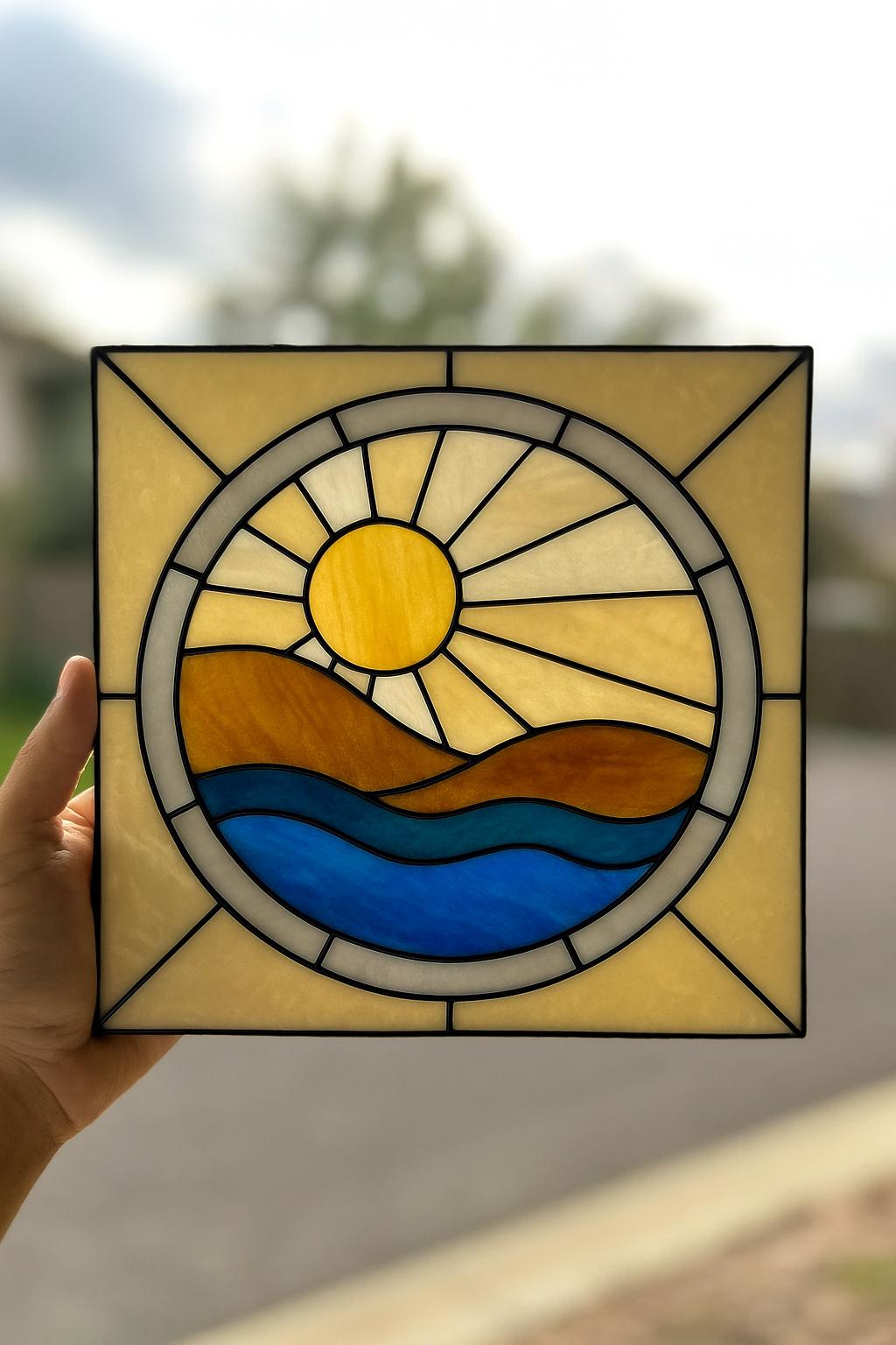 Sunset Stained Glass Pattern PDF – Scenic Panel Design for Beginners | Printable Digital Template for DIY Glass Art