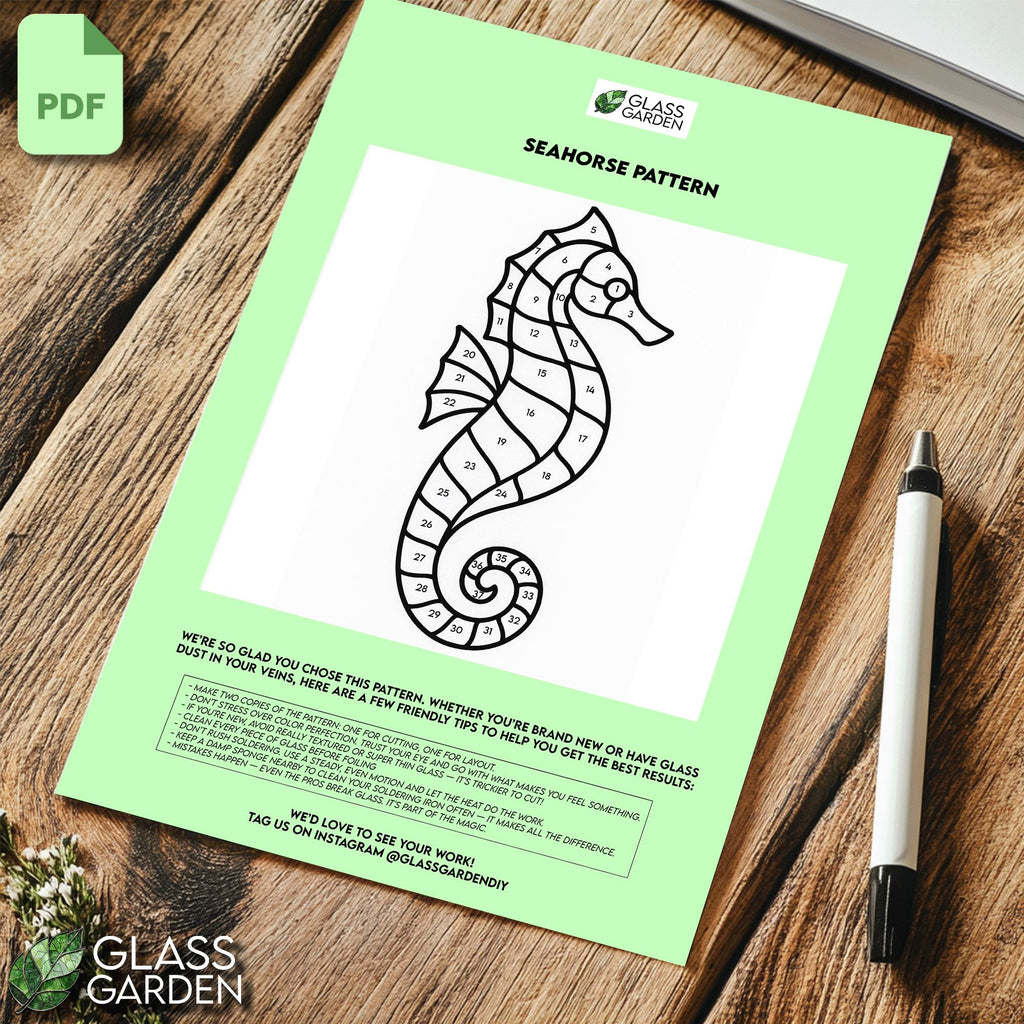 Seahorse Stained Glass Pattern – Ocean-Inspired Suncatcher PDF Template